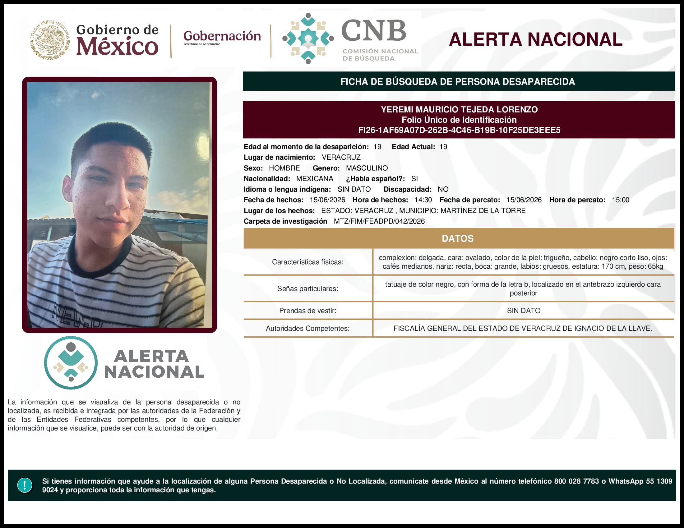Persona desaparecida Yeremi Mauricio Tejeda Lorenzo