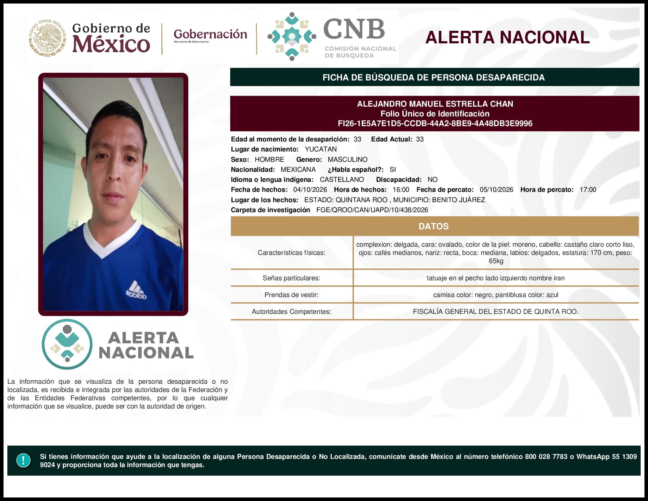 Persona desaparecida Alejandro Manuel Estrella Chan
