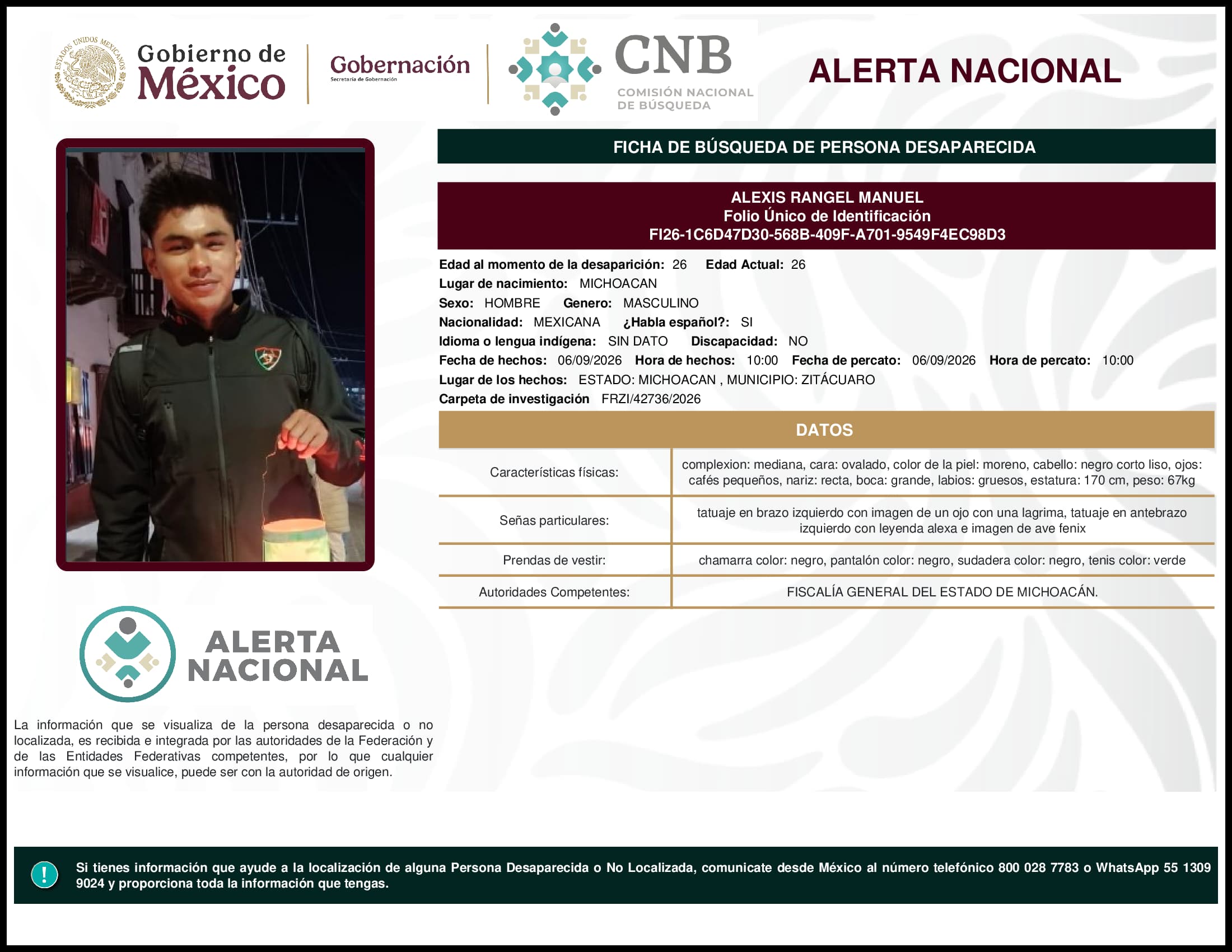 Persona desaparecida Alexis Rangel Manuel