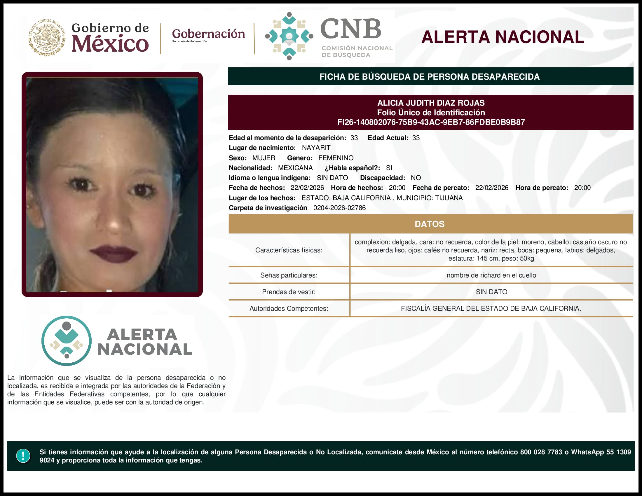Persona desaparecida Alicia Judith Diaz Rojas