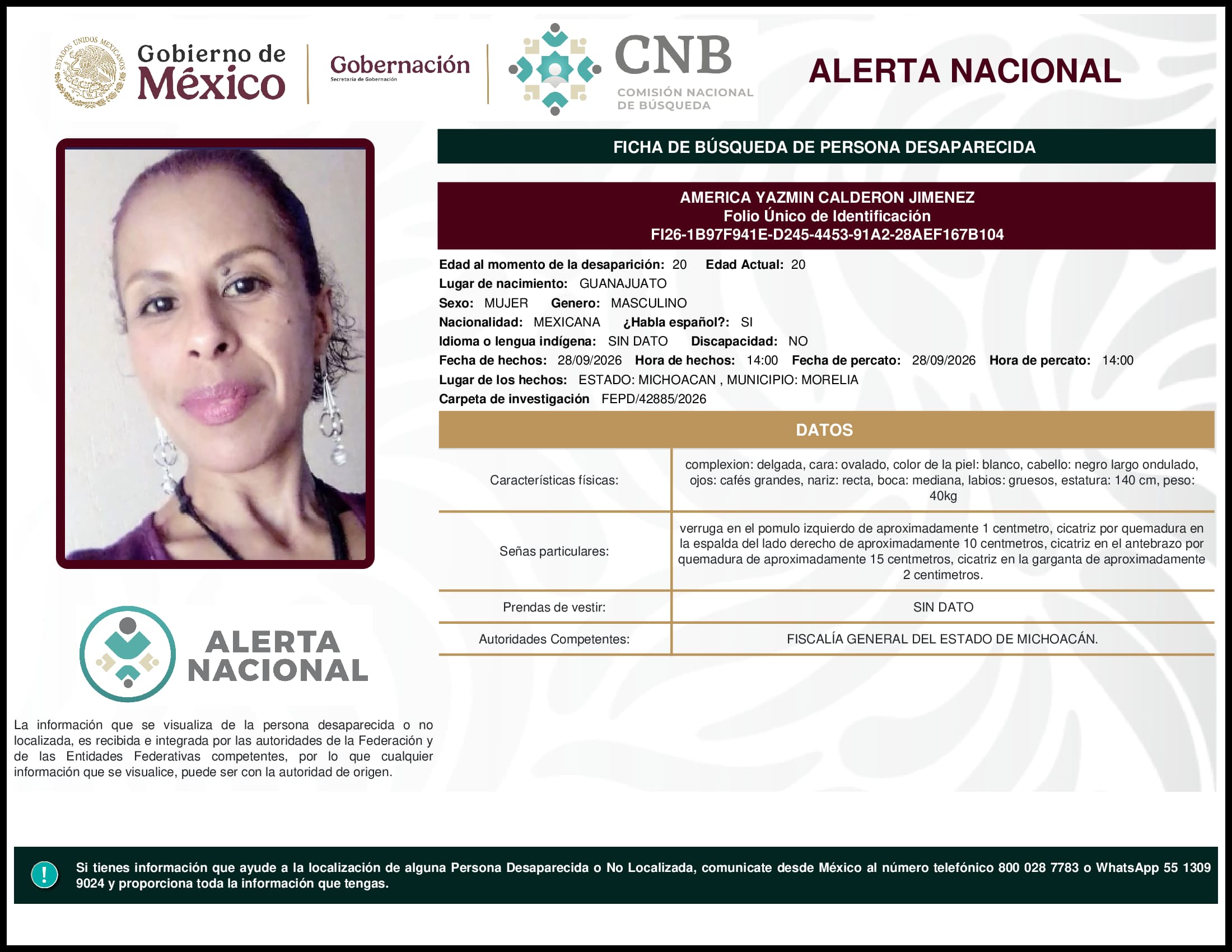 Persona desaparecida America Yazmin Calderon Jimenez