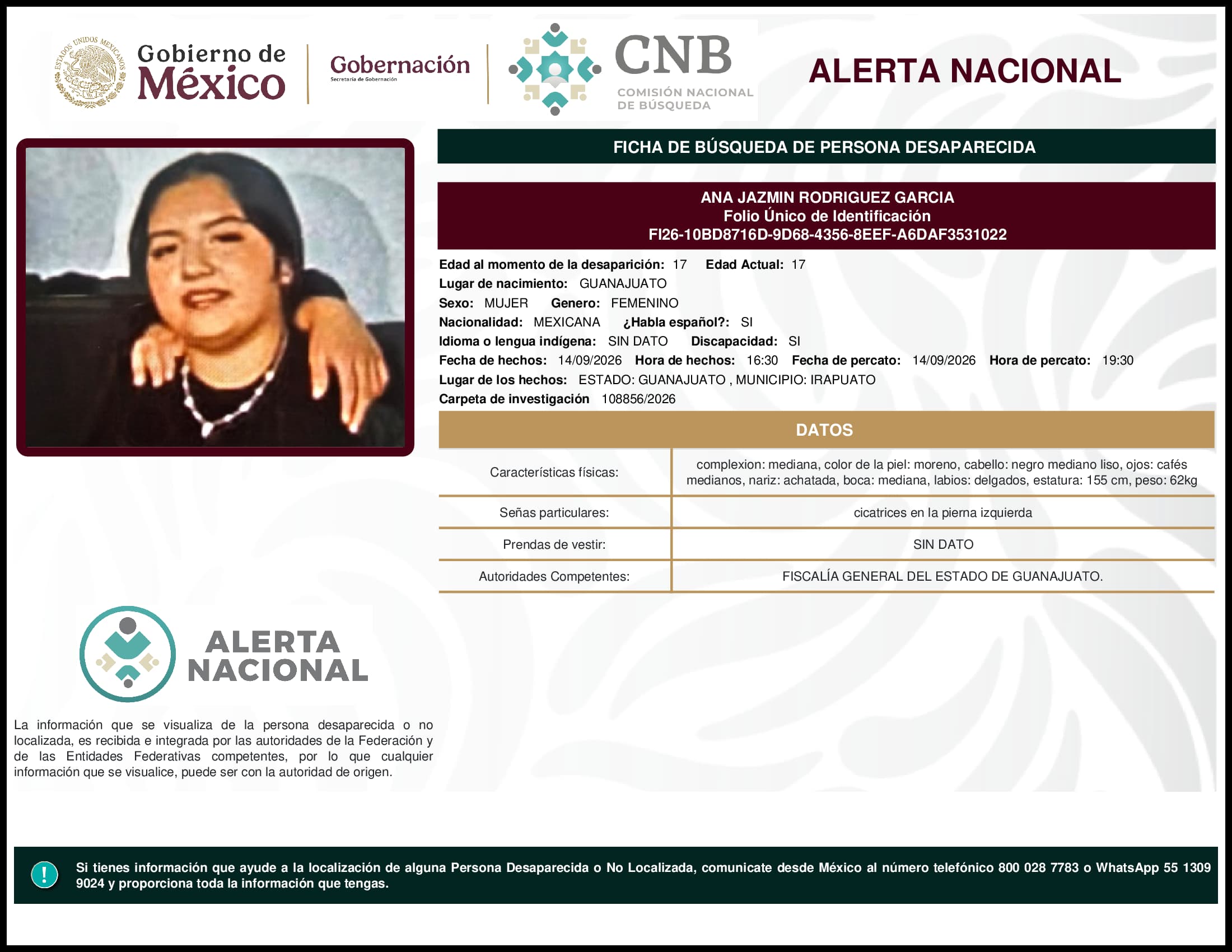 Persona desaparecida Ana Jazmin Rodriguez Garcia