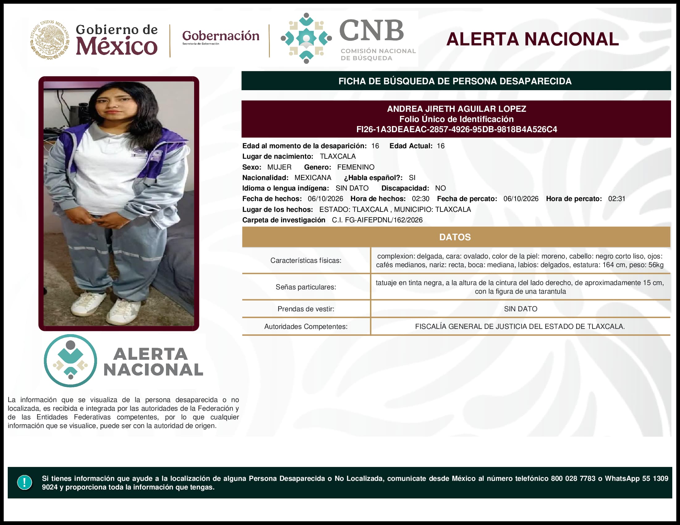 Persona desaparecida Andrea Jireth Aguilar Lopez