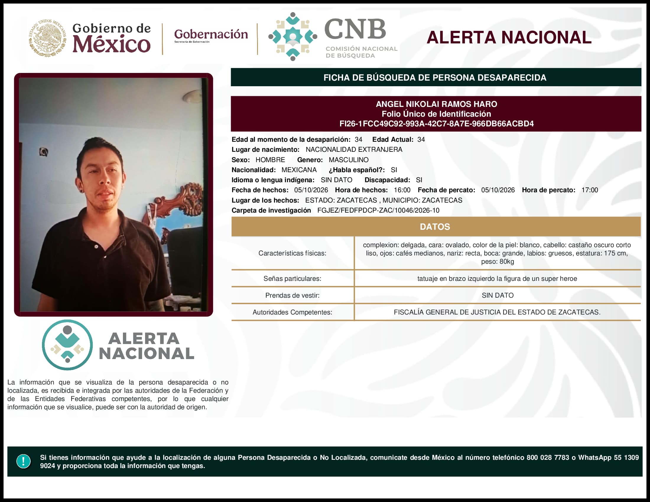 Persona desaparecida Angel Nikolai Ramos Haro