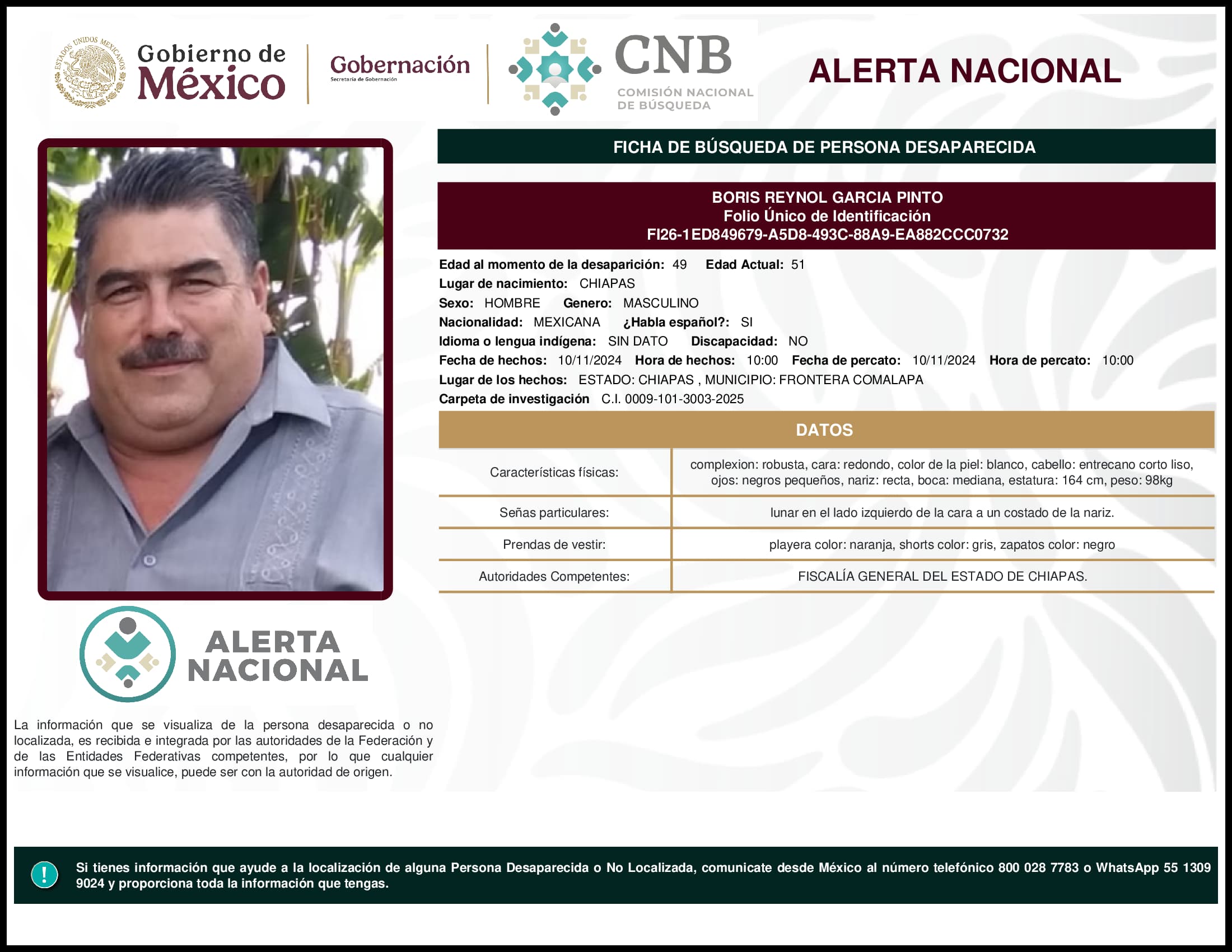 Persona desaparecida Boris Reynol Garcia Pinto