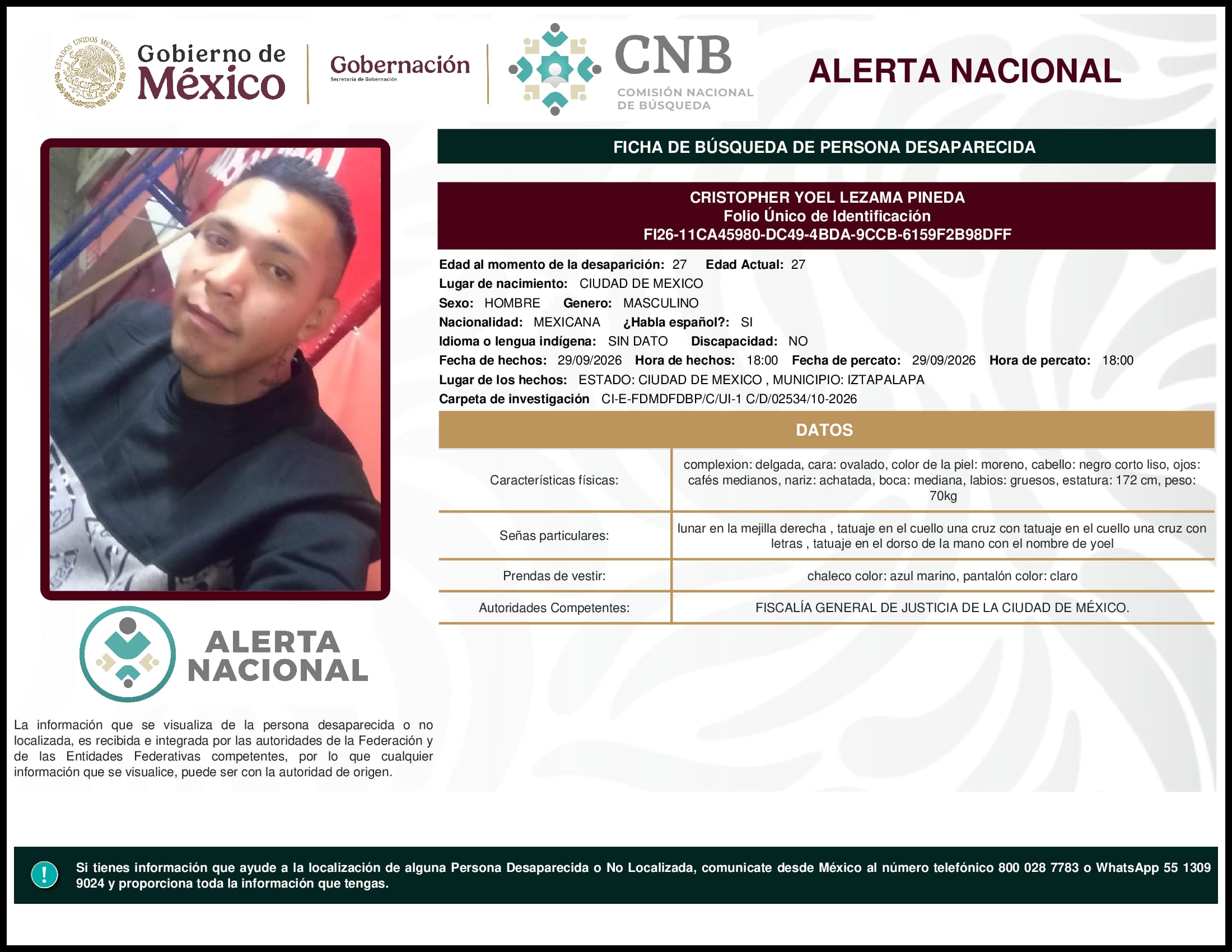 Persona desaparecida Cristopher Yoel Lezama Pineda