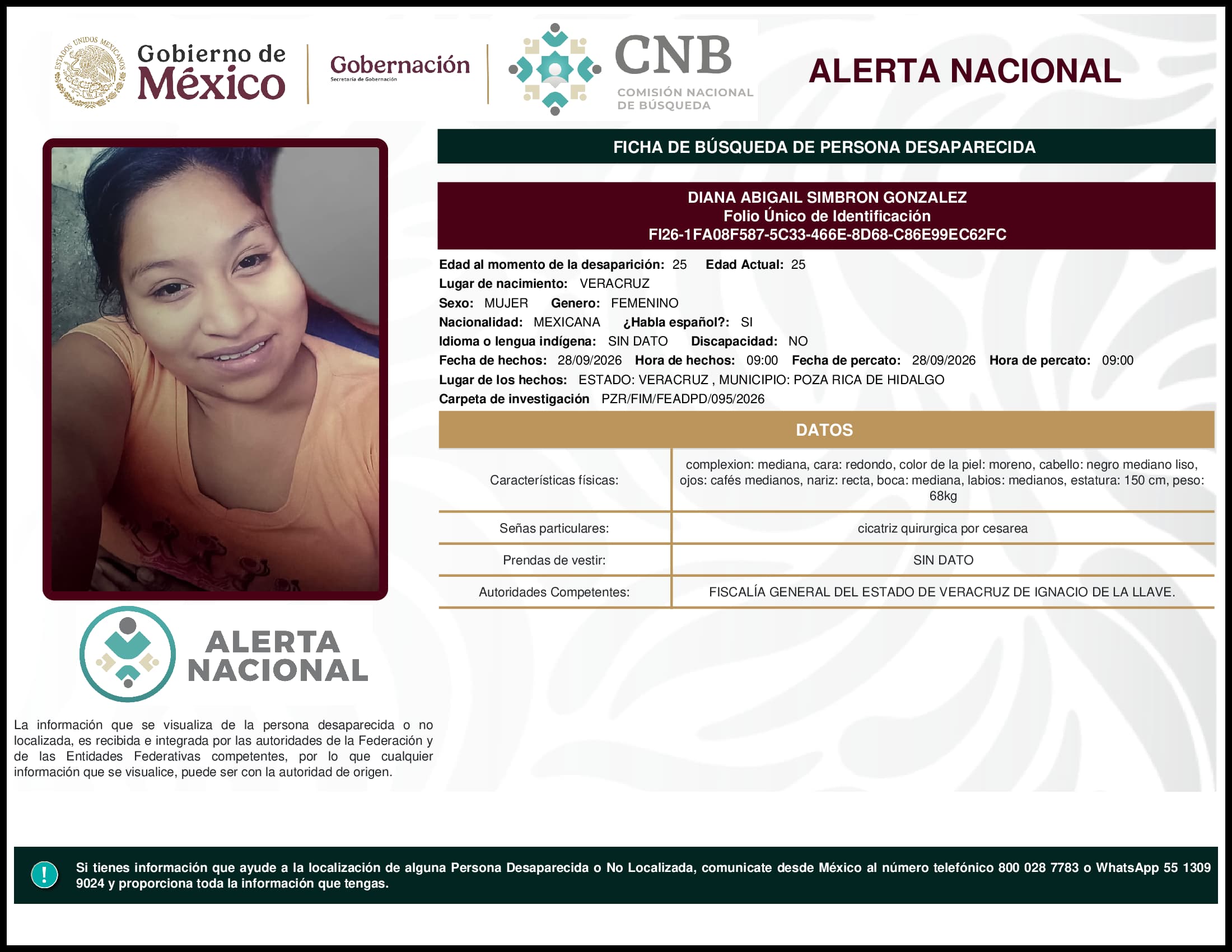 Persona desaparecida Diana Abigail Simbron Gonzalez