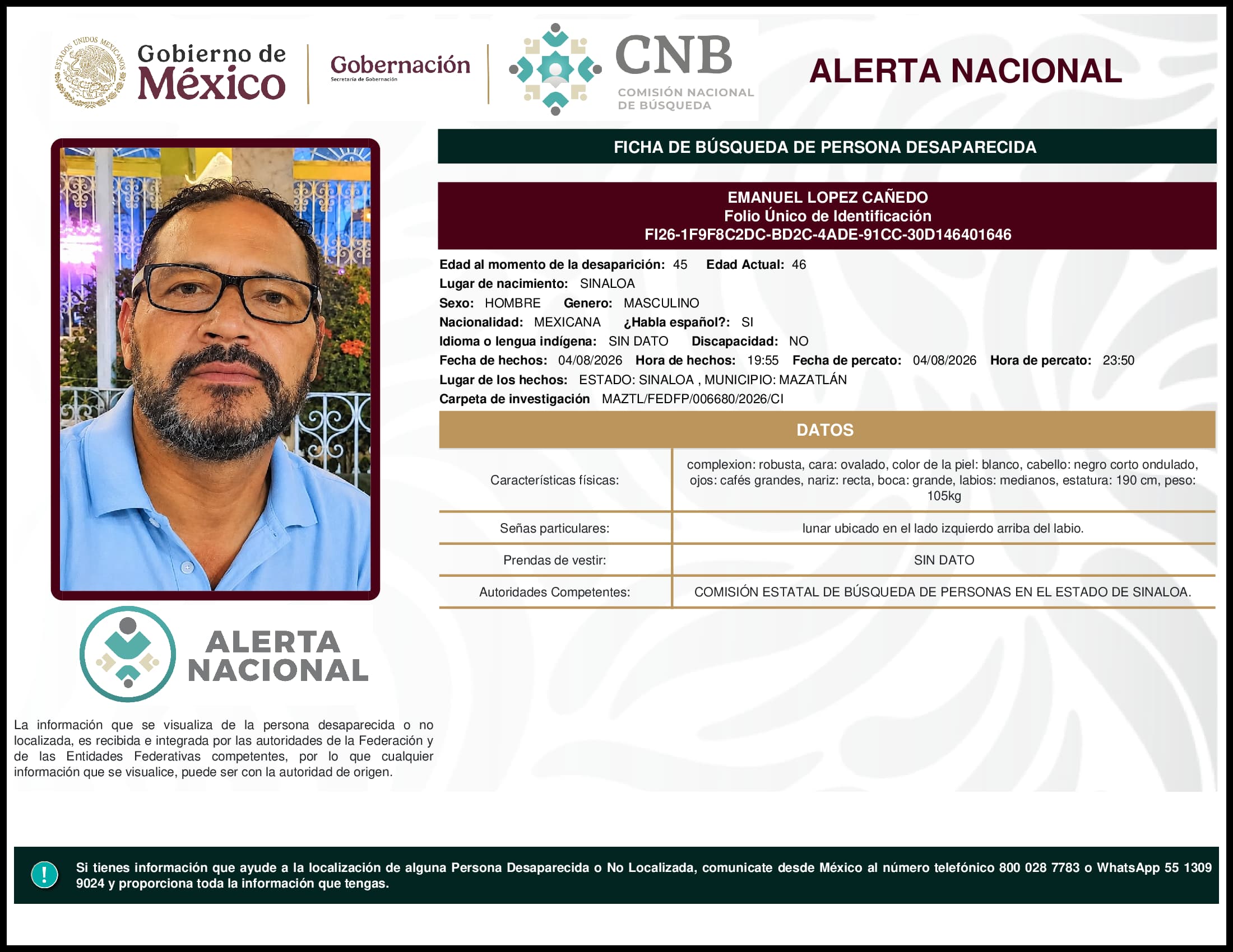 Persona desaparecida Emanuel Lopez Canedo