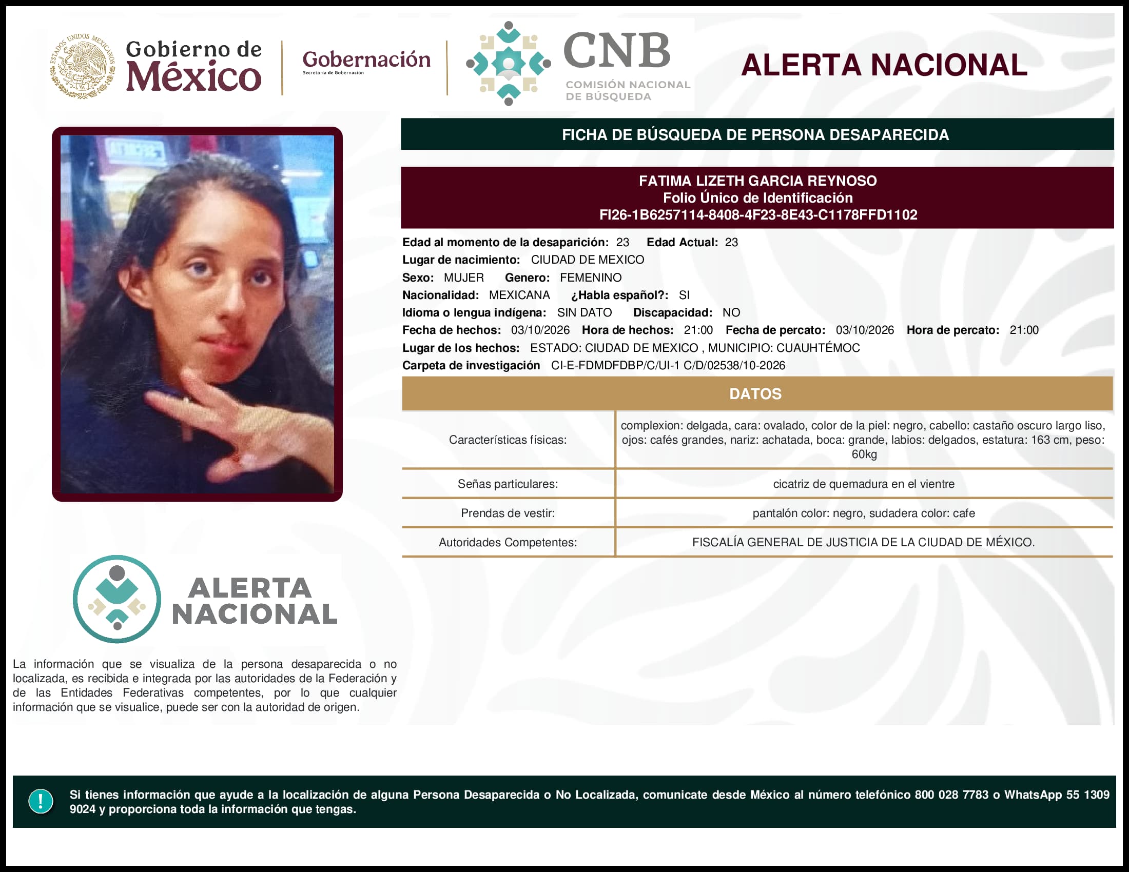 Persona desaparecida Fatima Lizeth Garcia Reynoso