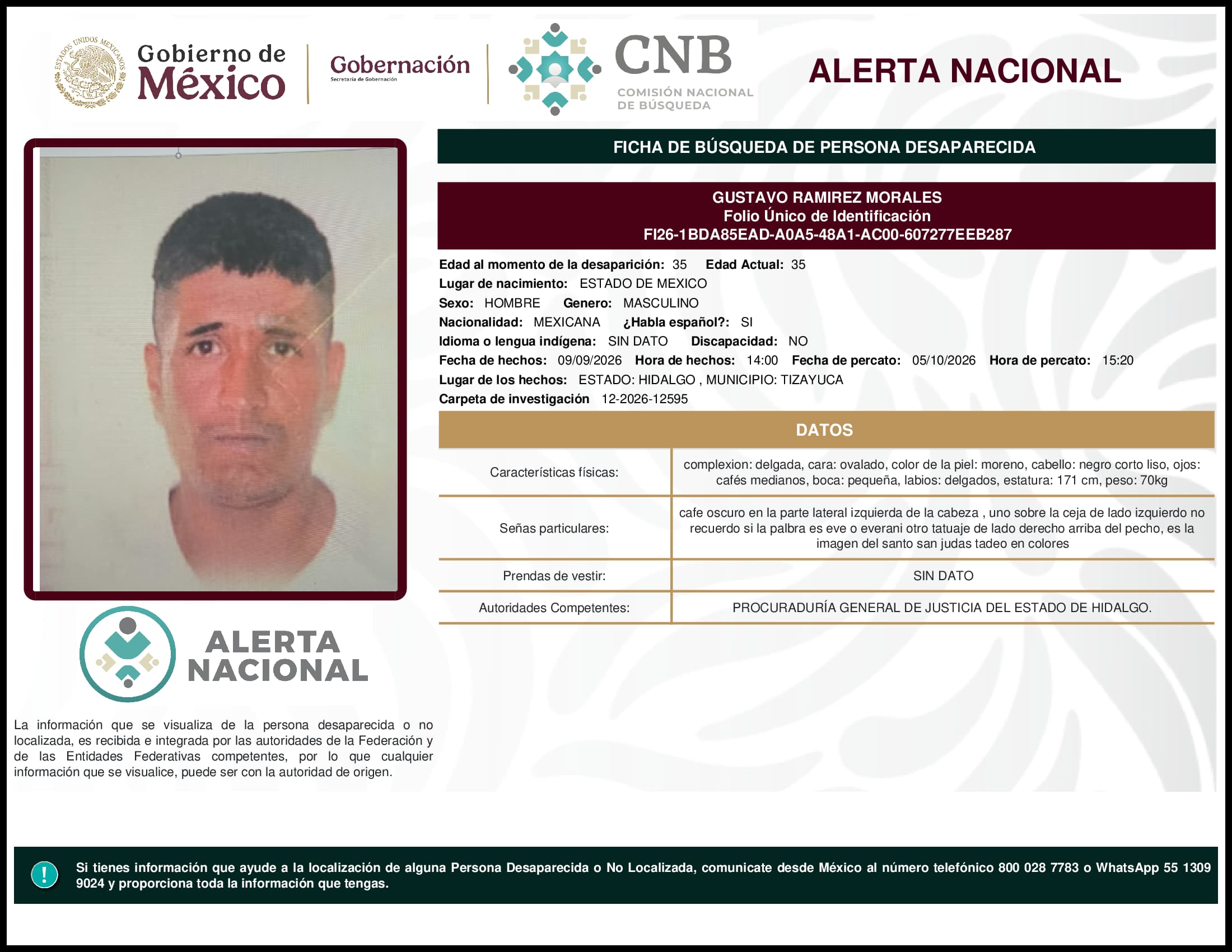 Persona desaparecida Gustavo Ramirez Morales