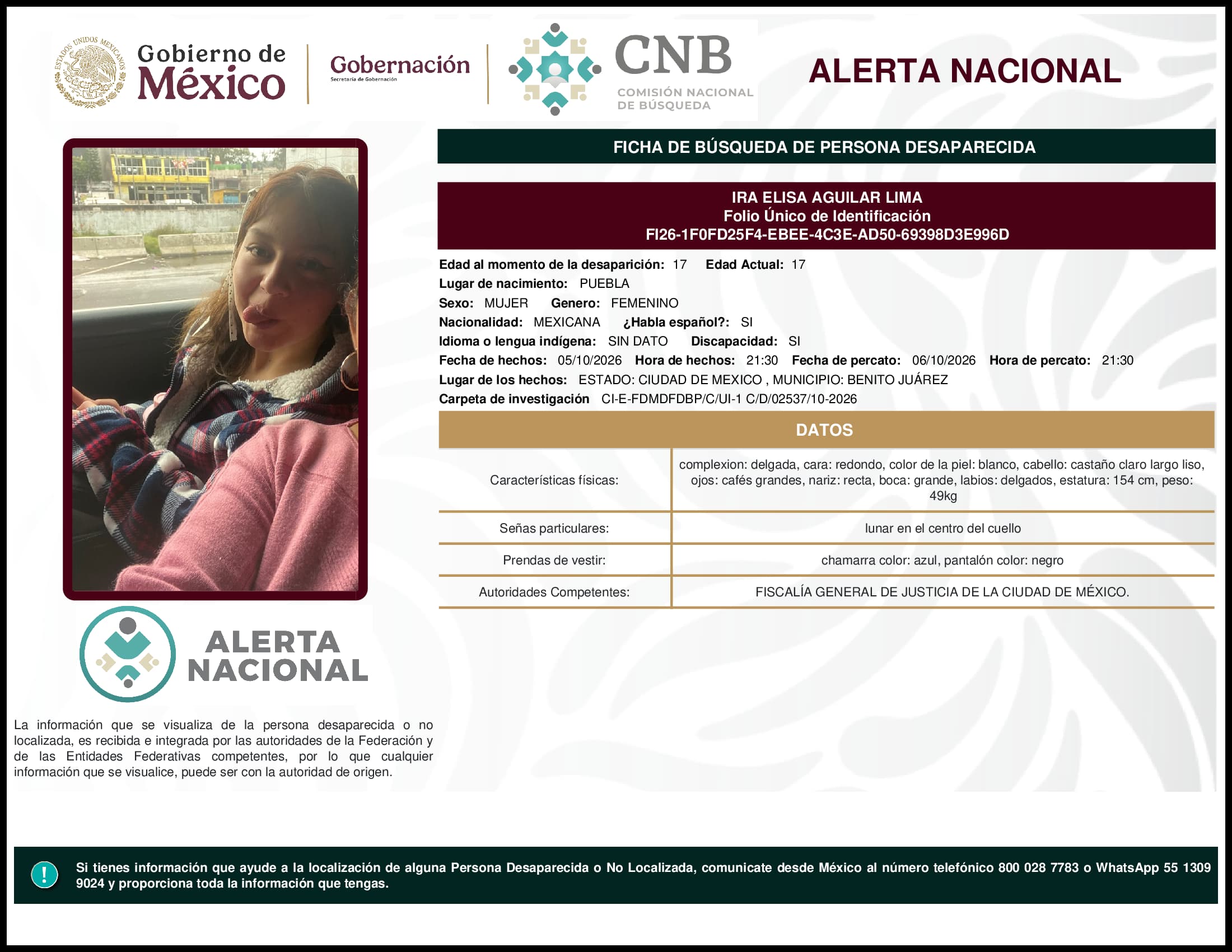 Persona desaparecida Ira Elisa Aguilar Lima