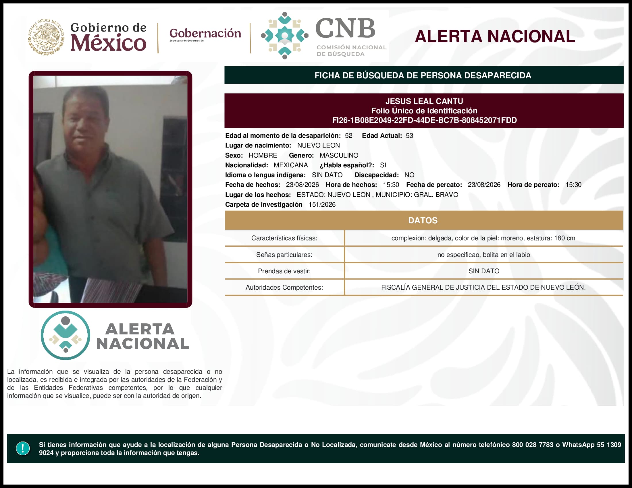 Persona desaparecida Jesus Leal Cantu