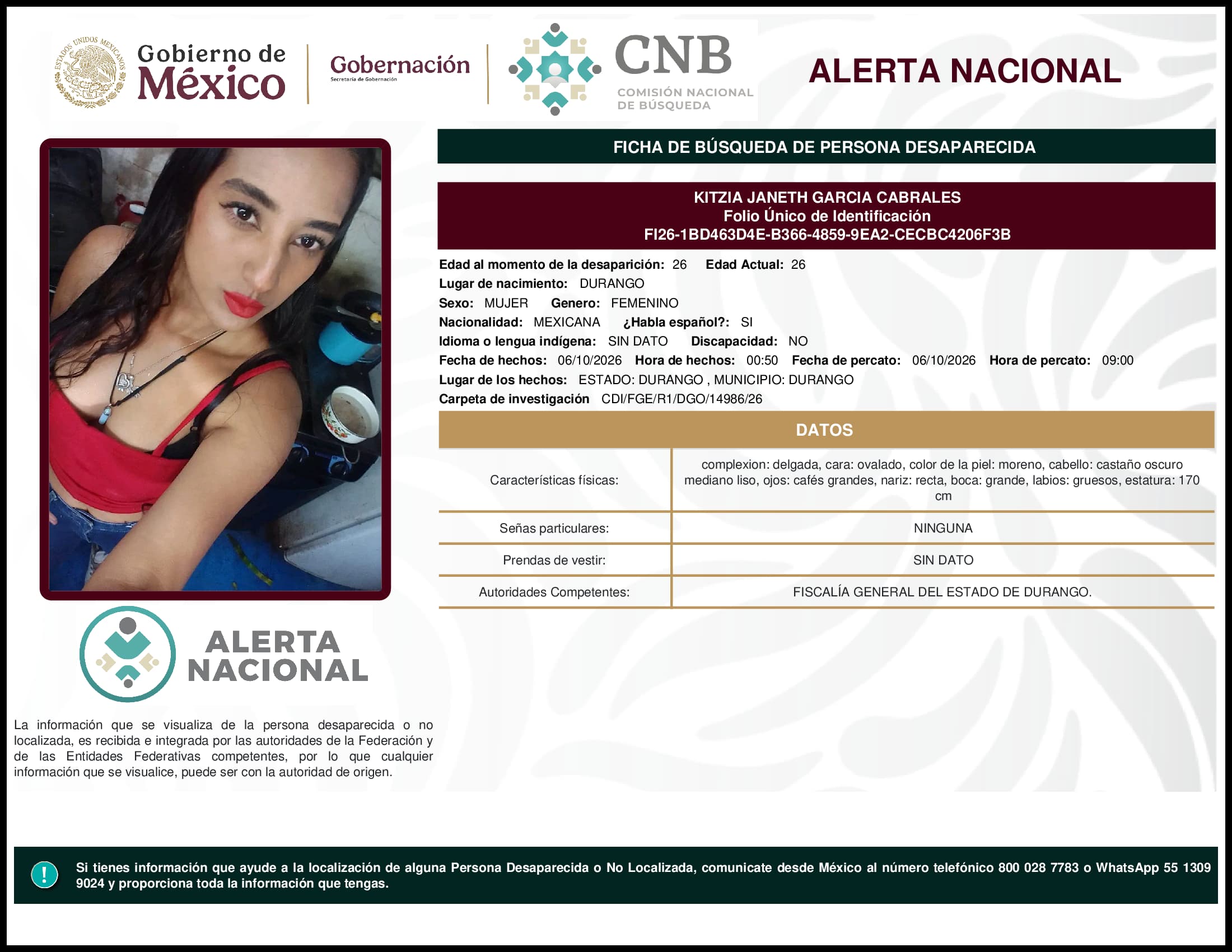Persona desaparecida Kitzia Janeth Garcia Cabrales