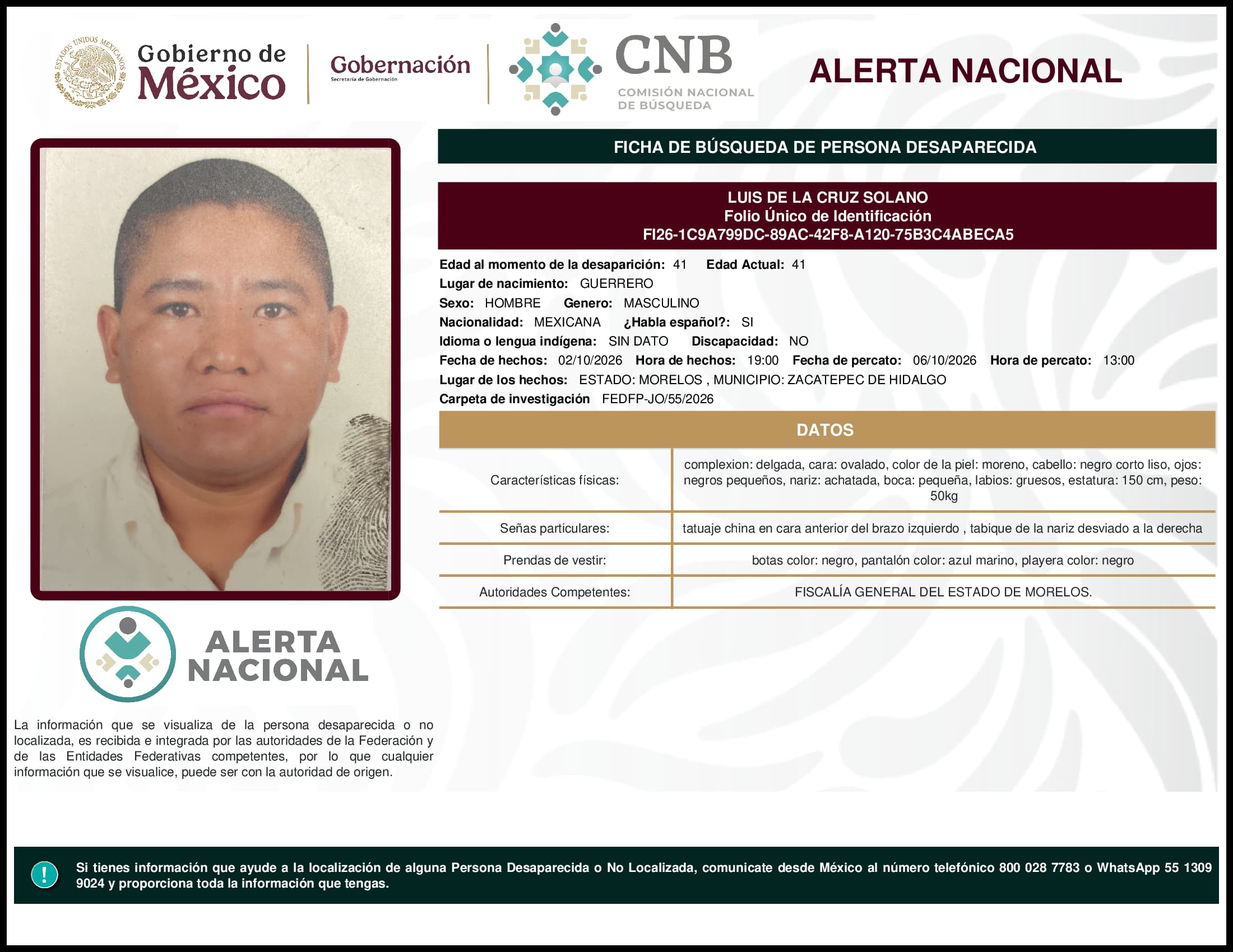 Persona desaparecida Luis De La Cruz Solano