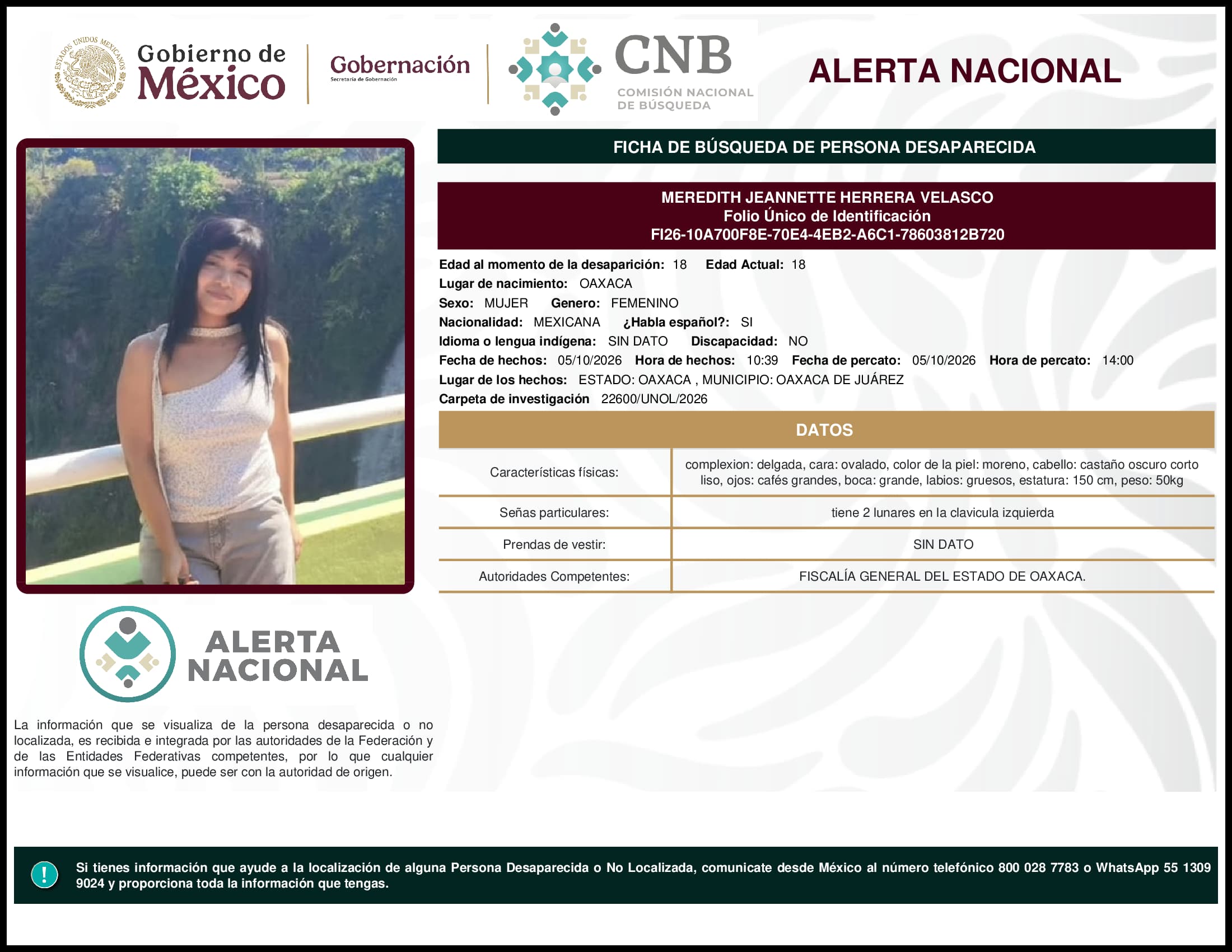Persona desaparecida Meredith Jeannette Herrera Velasco