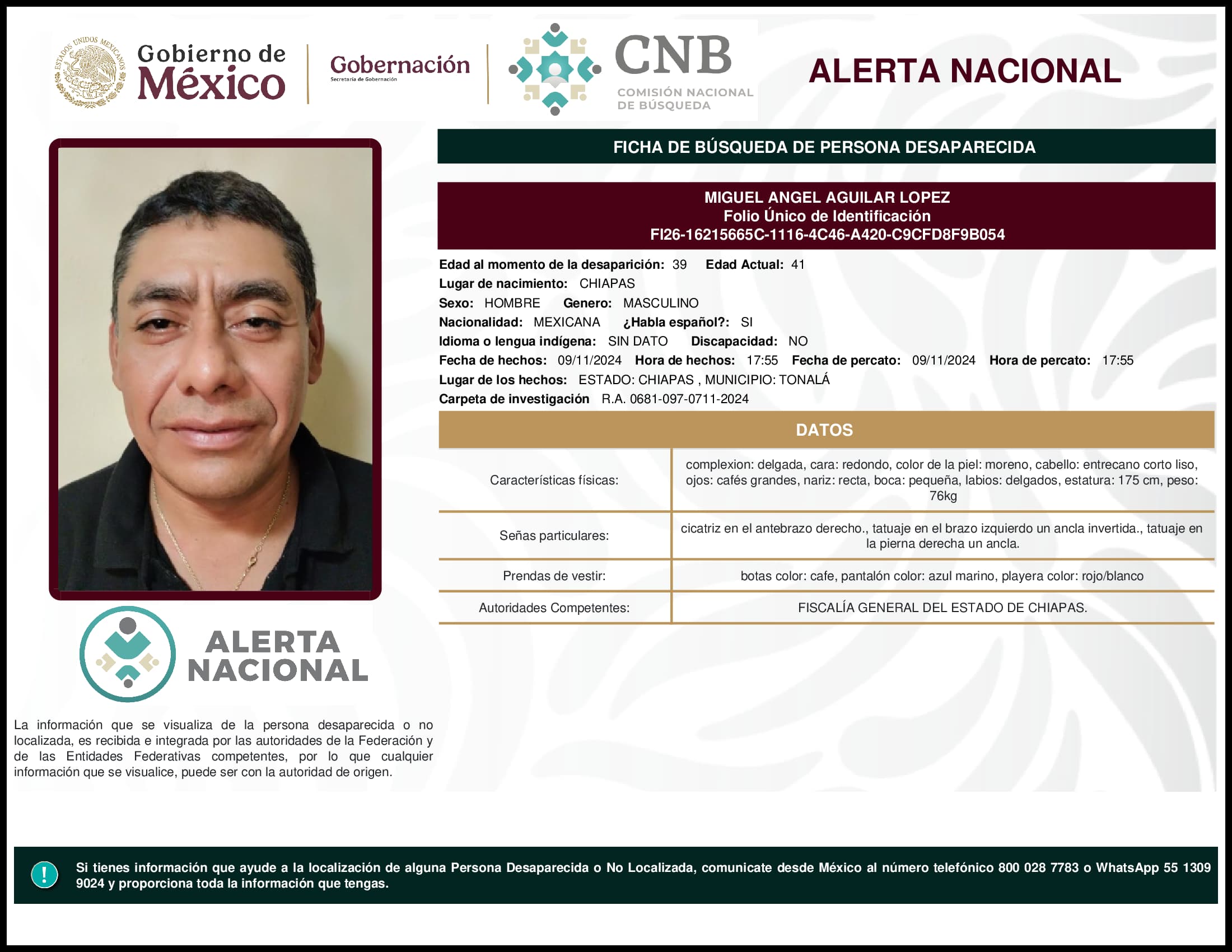 Persona desaparecida Miguel Angel Aguilar Lopez