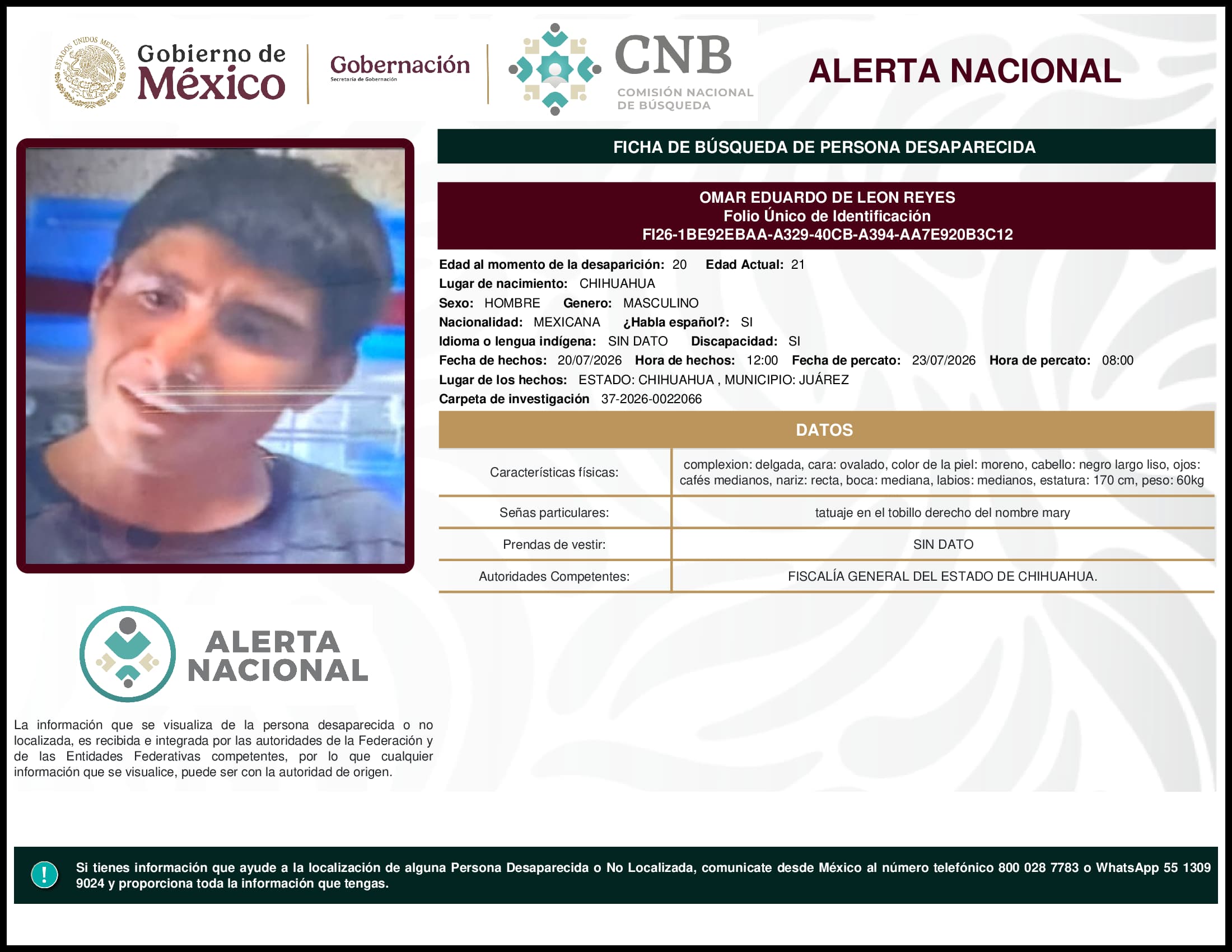 Persona desaparecida Omar Eduardo De Leon Reyes