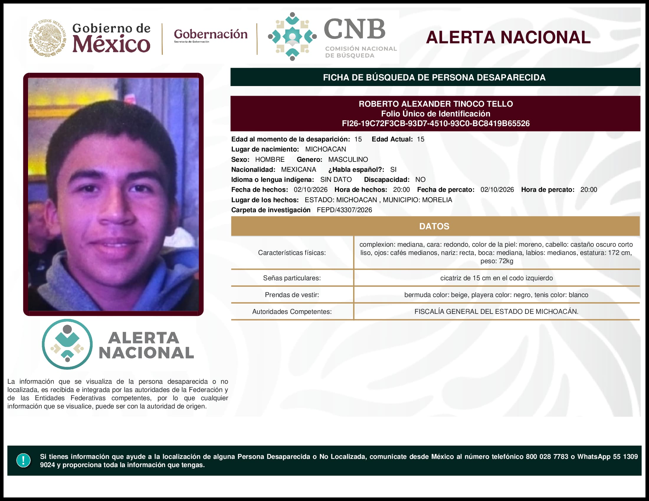 Persona desaparecida Roberto Alexander Tinoco Tello