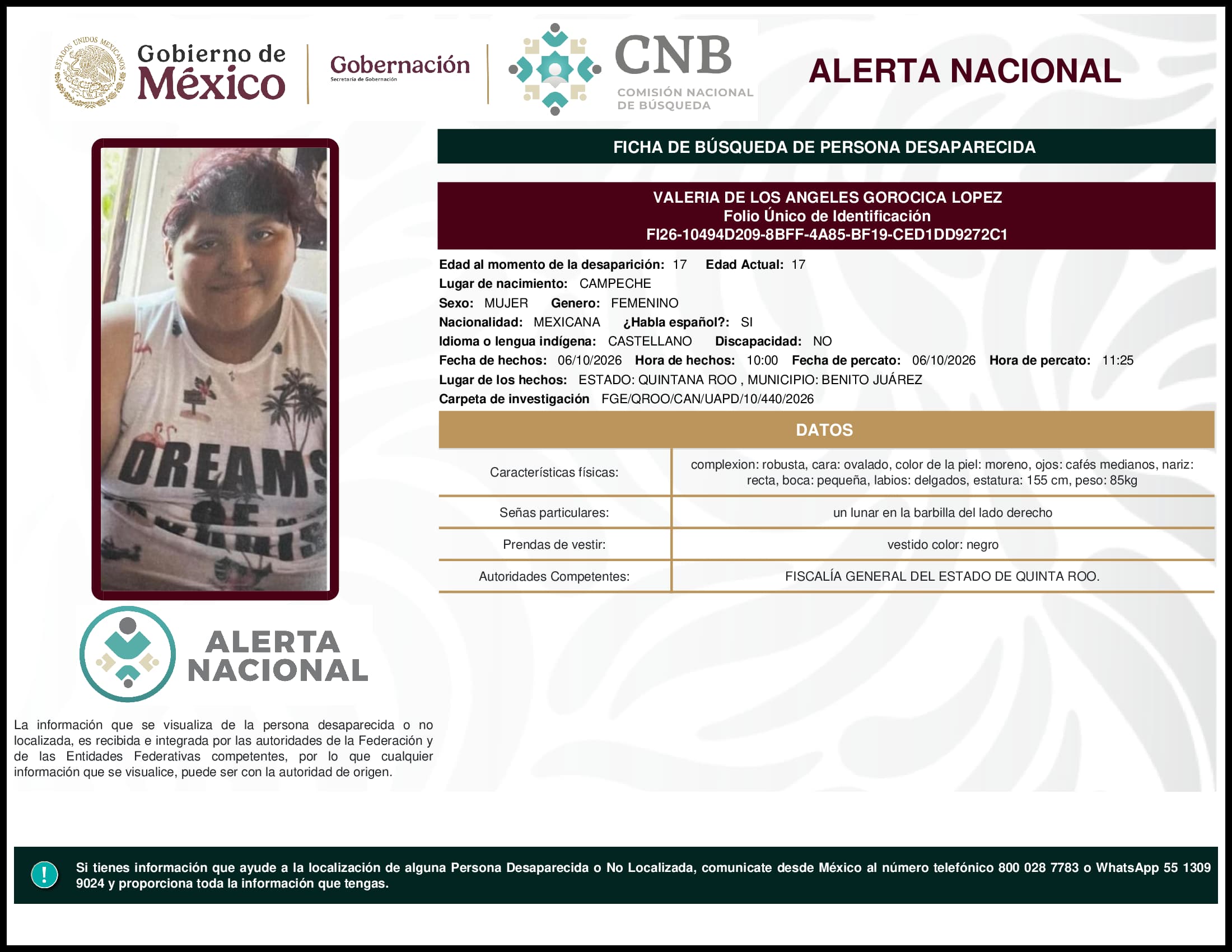Persona desaparecida Valeria De Los Angeles Gorocica Lopez