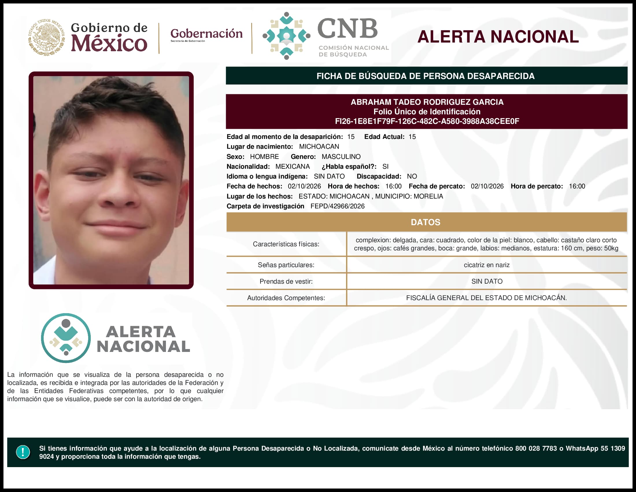Persona desaparecida Abraham Tadeo Rodriguez Garcia