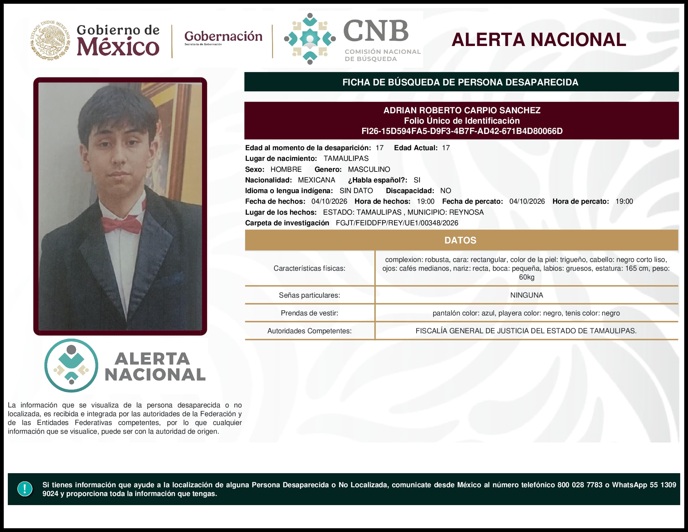 Persona desaparecida Adrian Roberto Carpio Sanchez