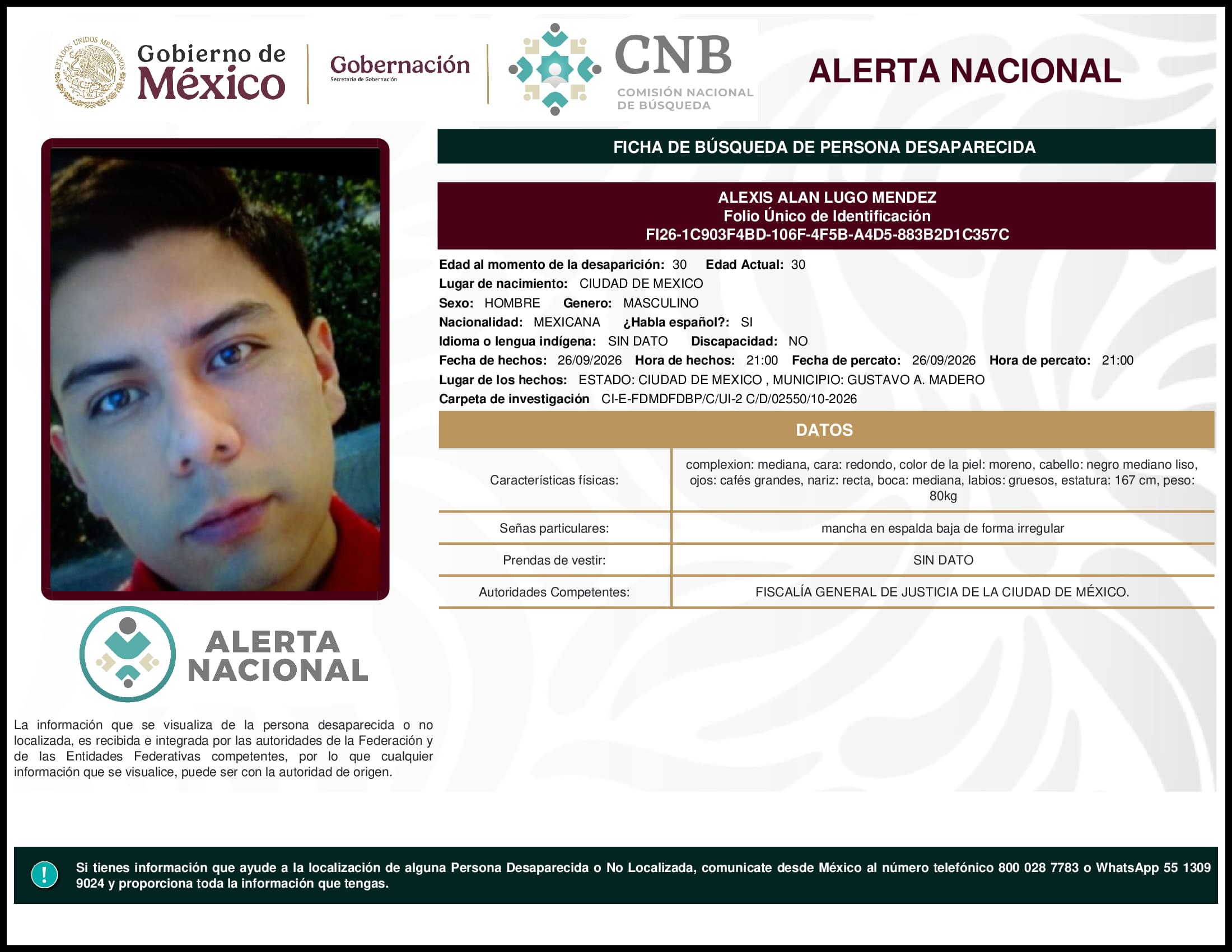 Persona desaparecida Alexis Alan Lugo Mendez
