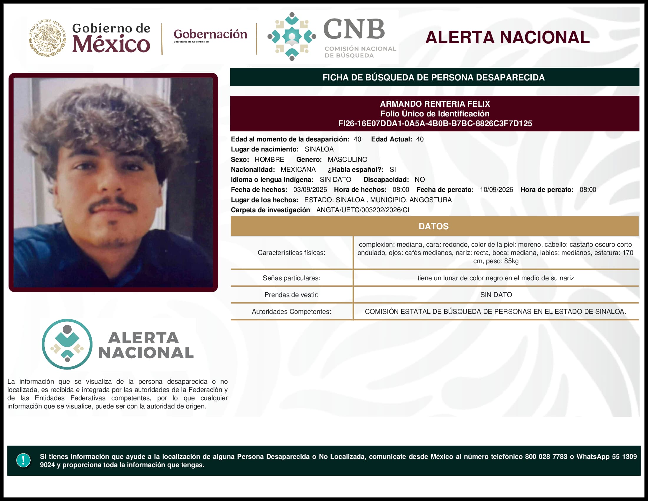 Persona desaparecida Armando Renteria Felix