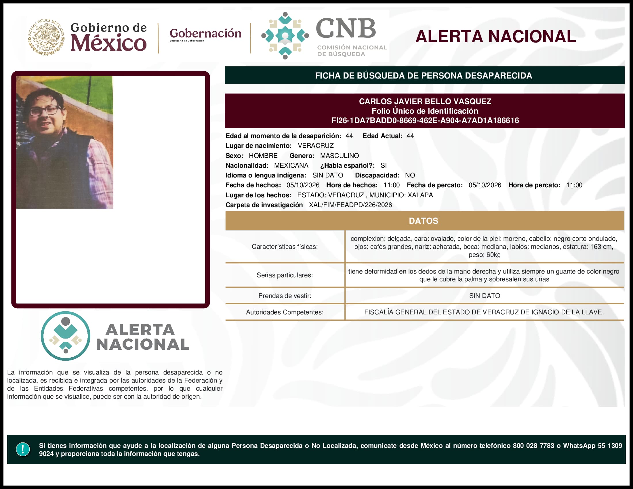 Persona desaparecida Carlos Javier Bello Vasquez