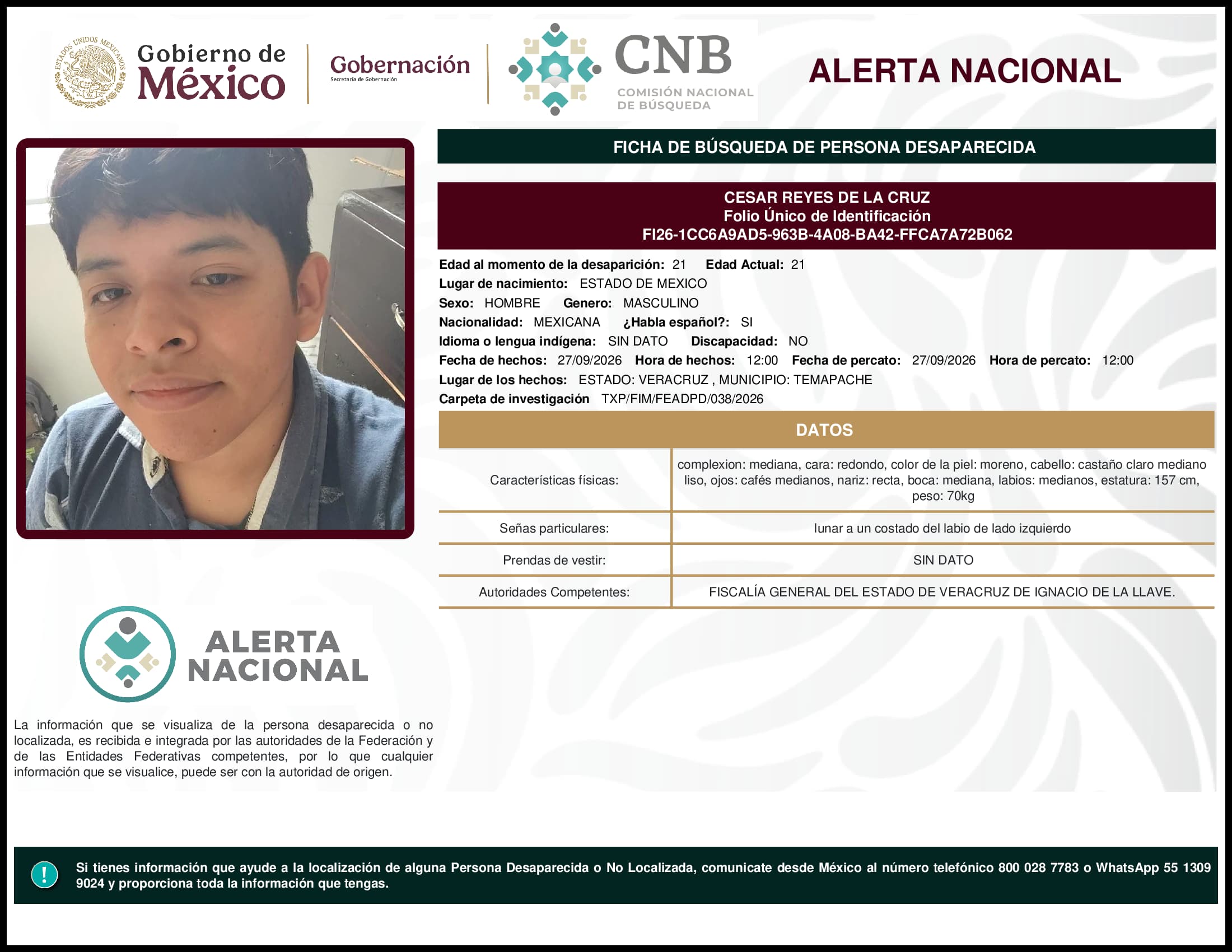 Persona desaparecida Cesar Reyes De La Cruz