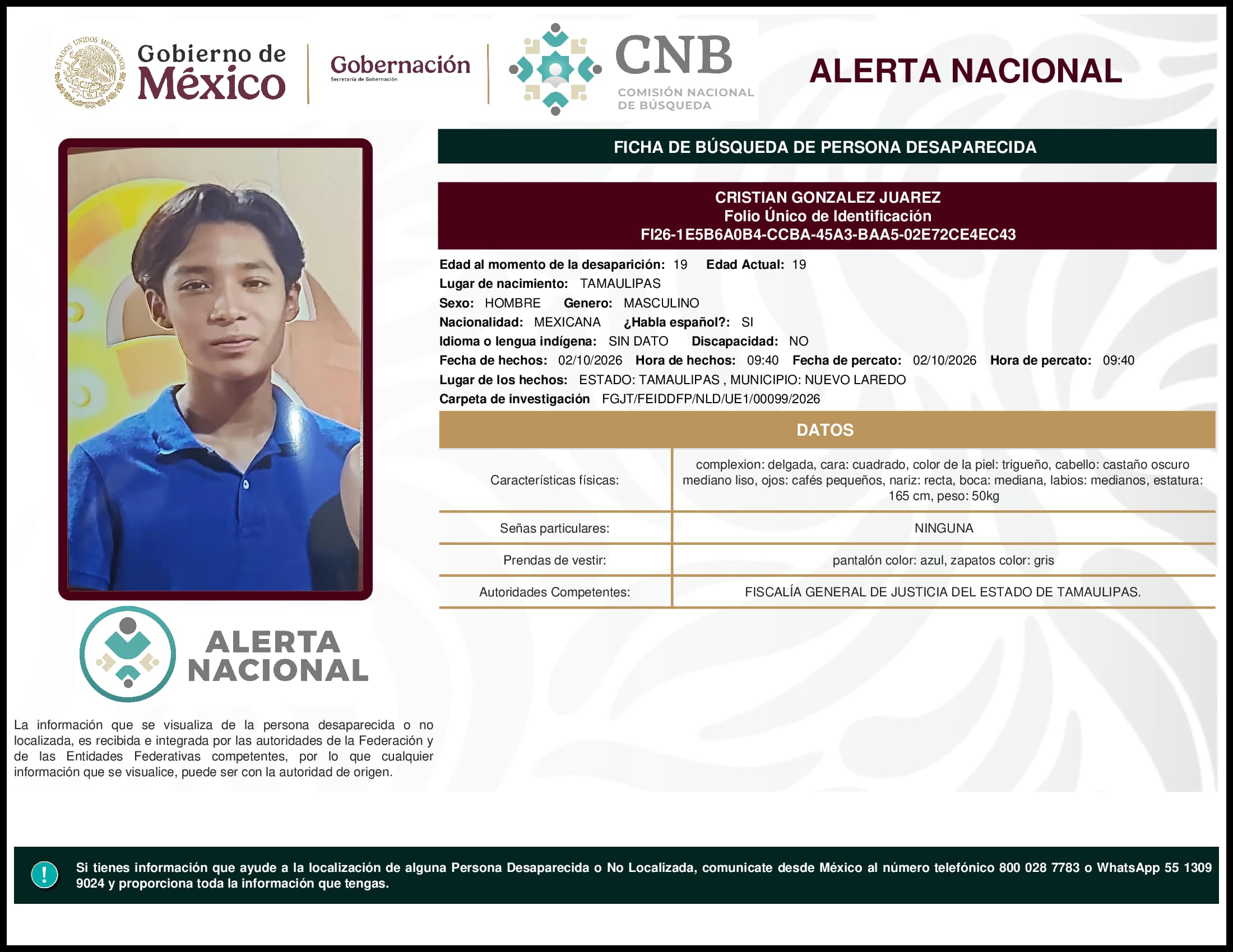 Persona desaparecida Cristian Gonzalez Juarez