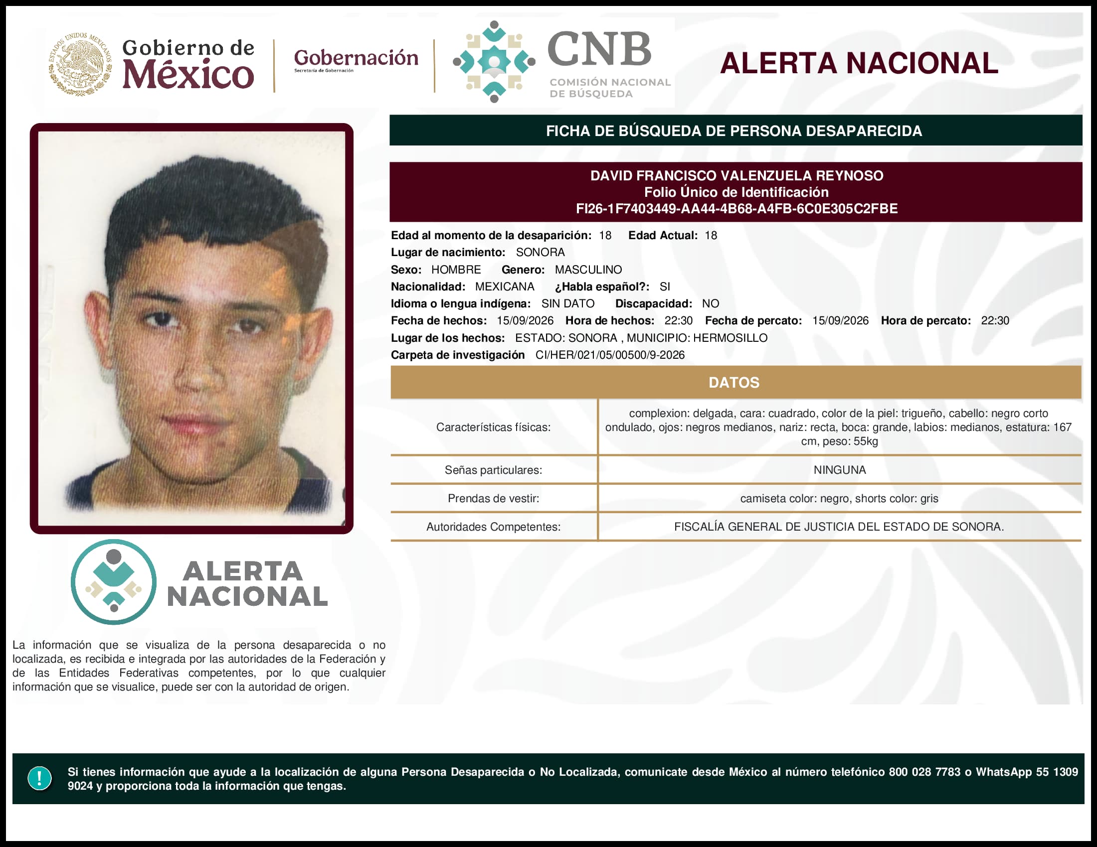 Persona desaparecida David Francisco Valenzuela Reynoso