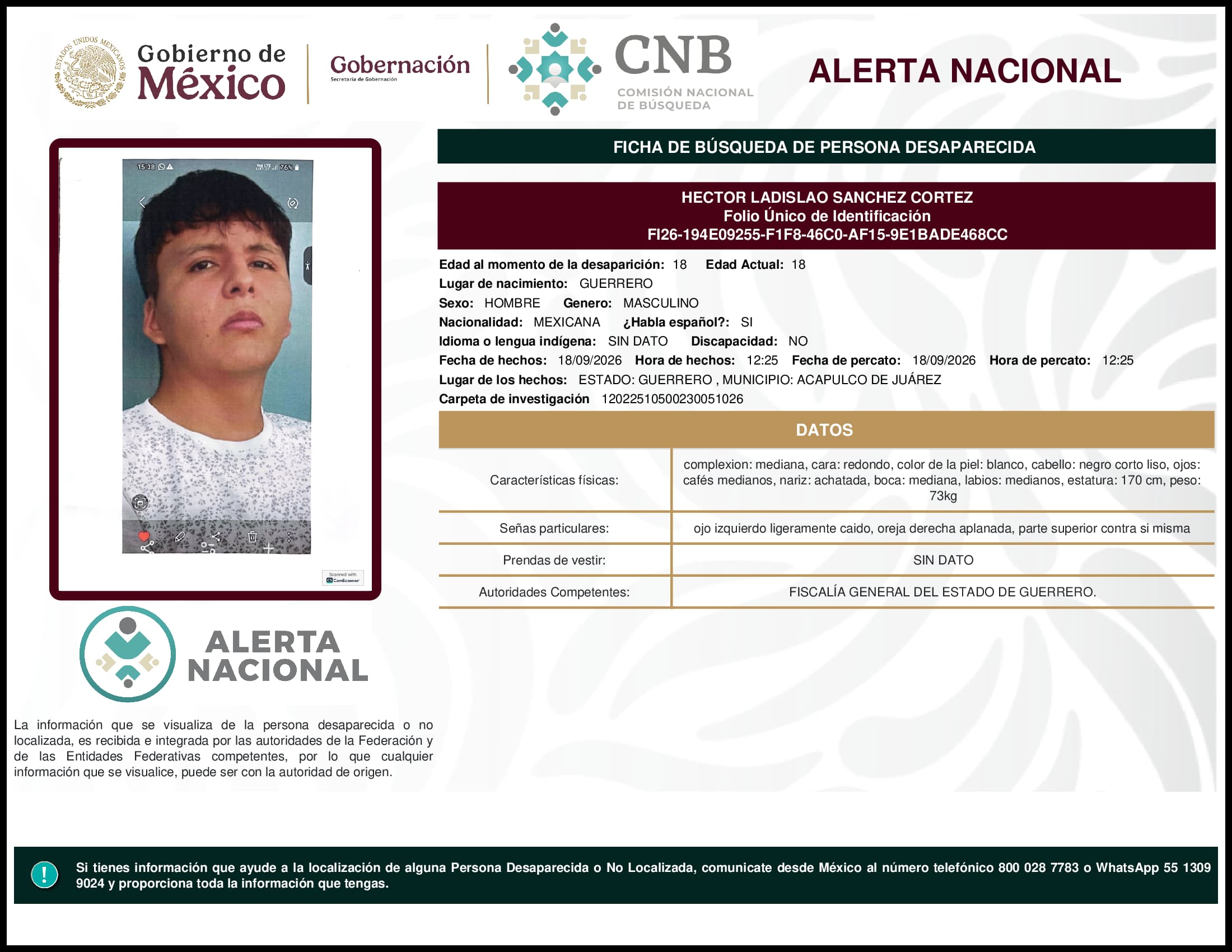 Persona desaparecida Hector Ladislao Sanchez Cortez