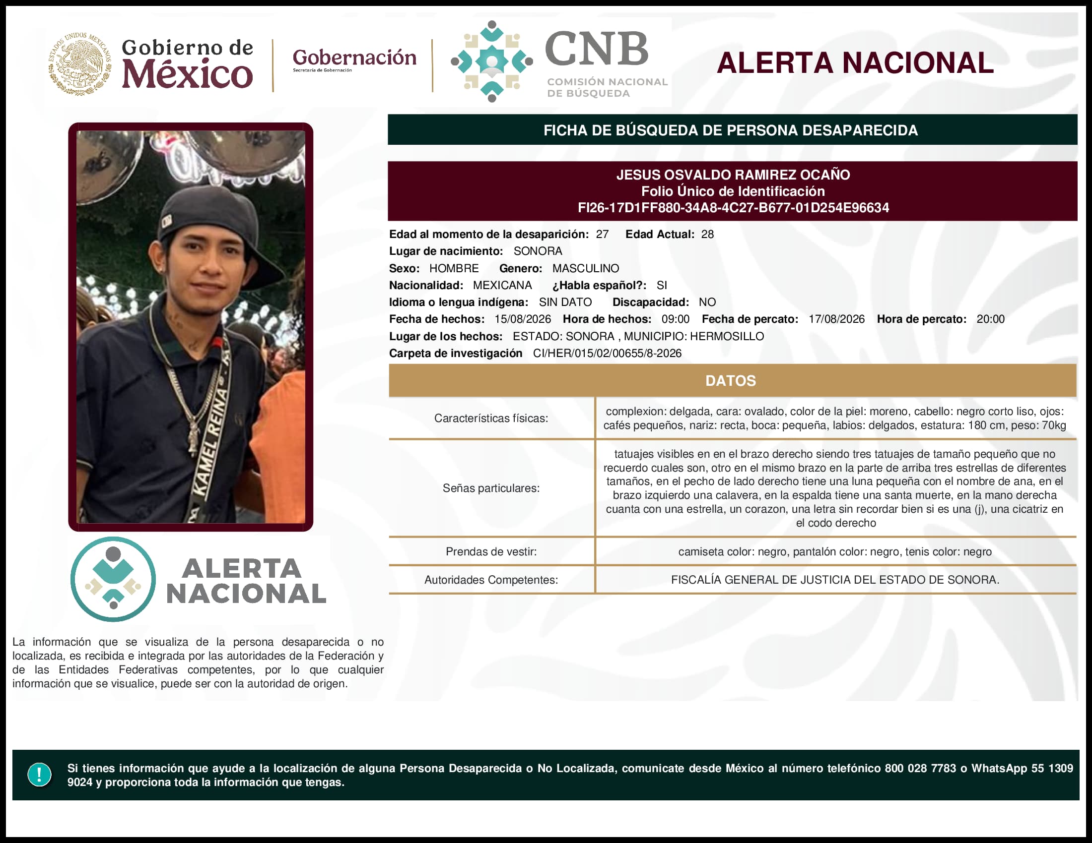Persona desaparecida Jesus Osvaldo Ramirez Ocaño