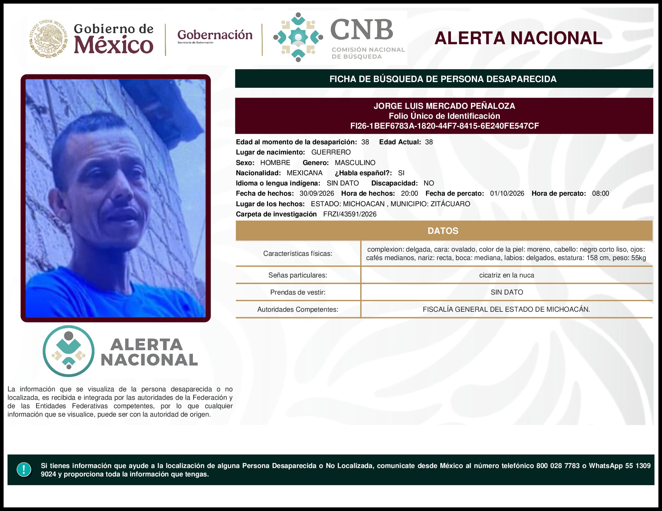 Persona desaparecida Jorge Luis Mercado Peñaloza