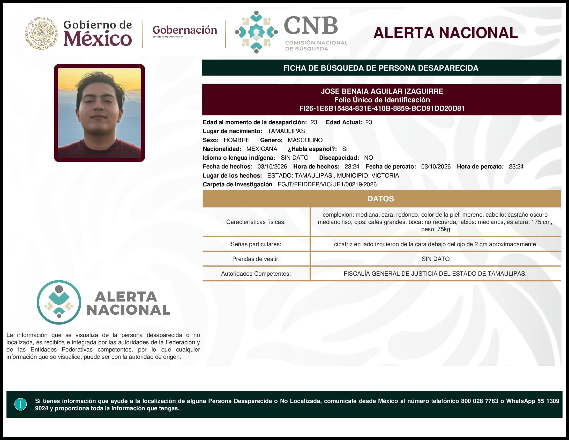 Persona desaparecida Jose Benaia Aguilar Izaguirre