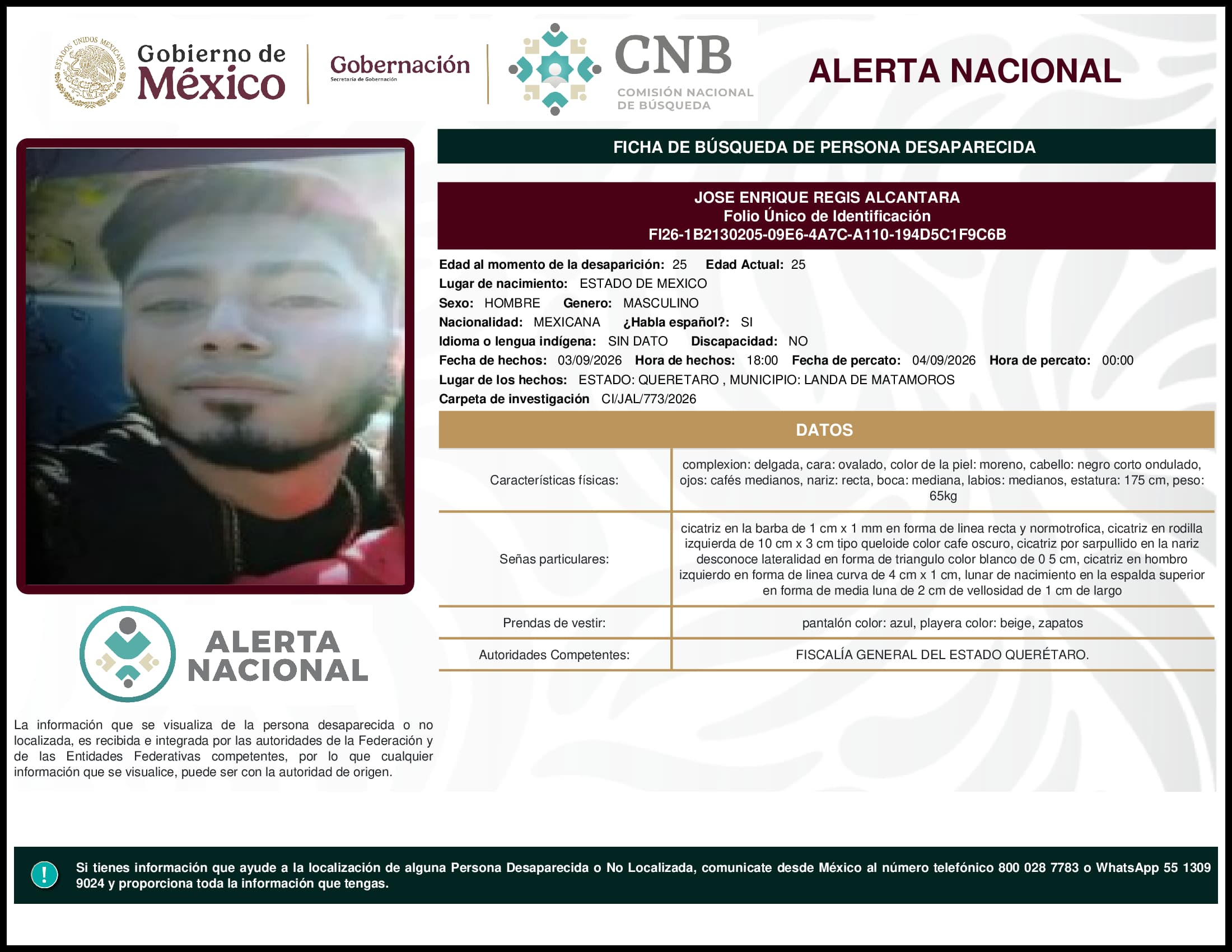 Persona desaparecida Jose Enrique Regis Alcantara