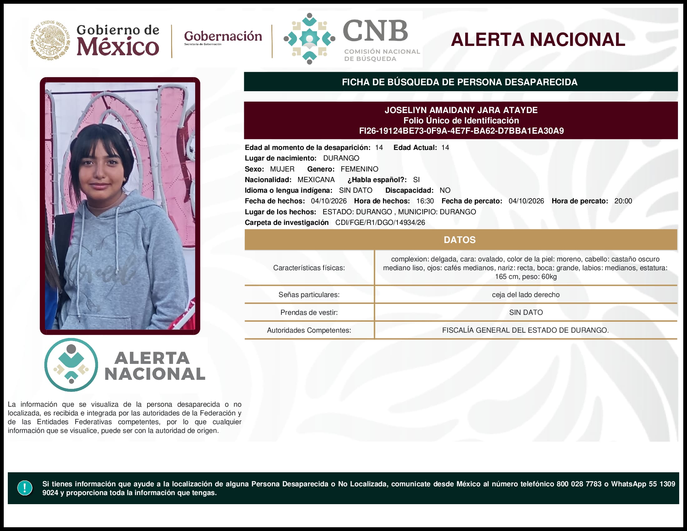 Persona desaparecida Joseliyn Amaidany Jara Atayde