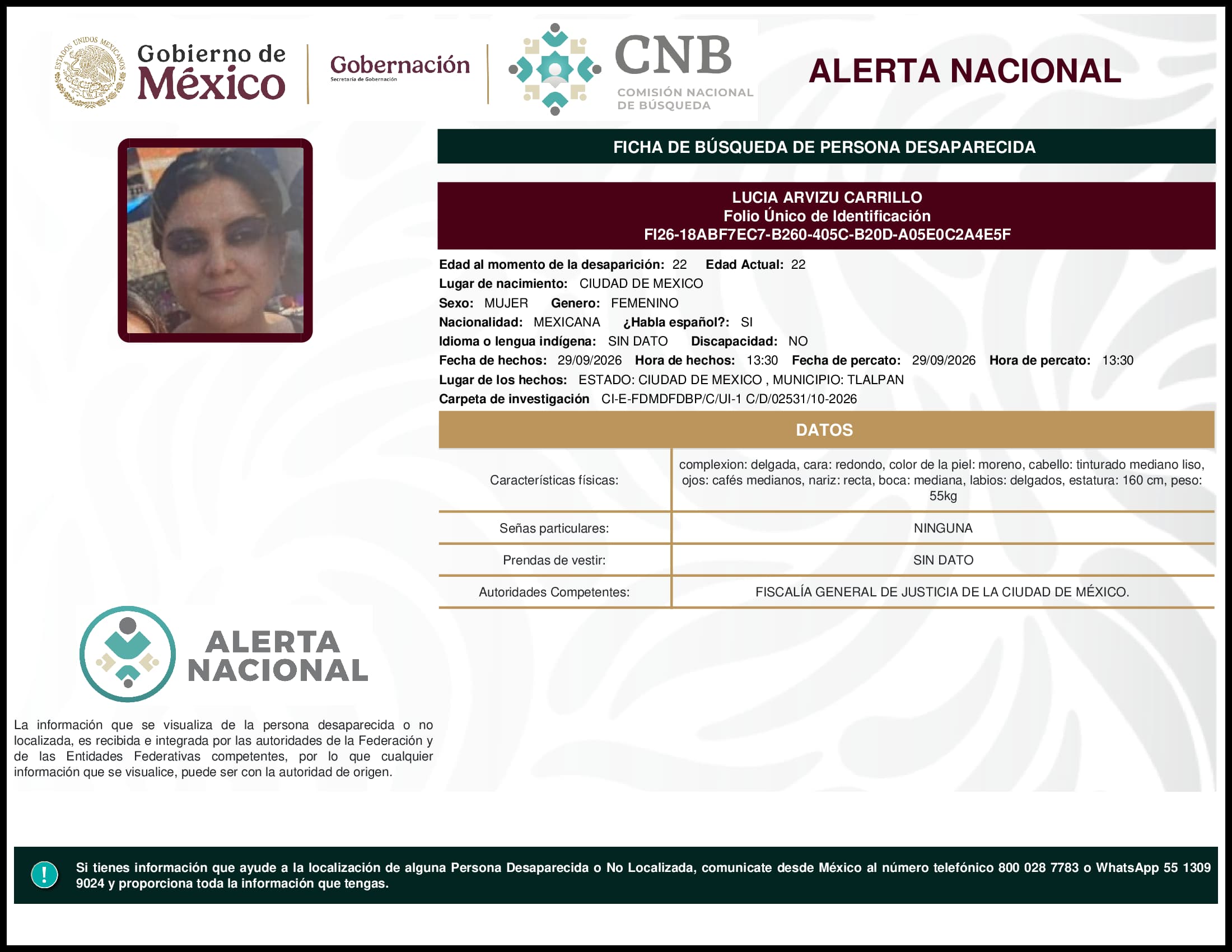 Persona desaparecida Lucia Arvizu Carrillo