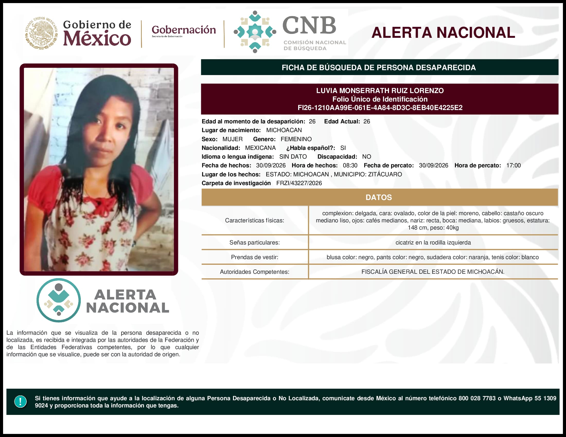 Persona desaparecida Luvia Monserrath Ruiz Lorenzo