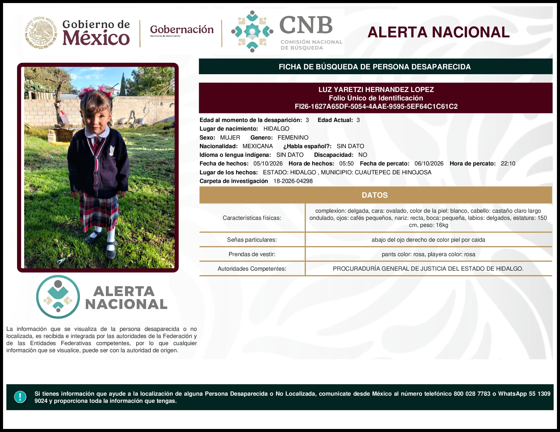 Persona desaparecida Luz Yaretzi Hernandez Lopez