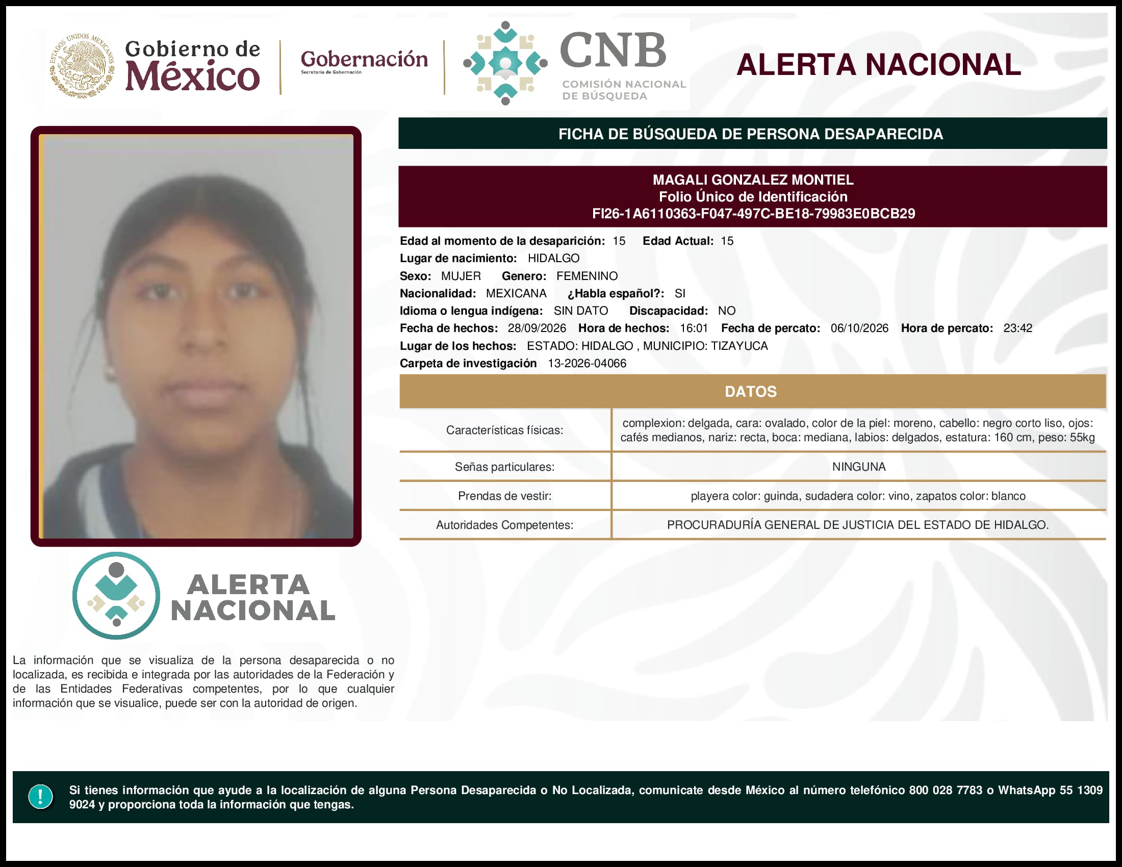 Persona desaparecida Magali Gonzalez Montiel