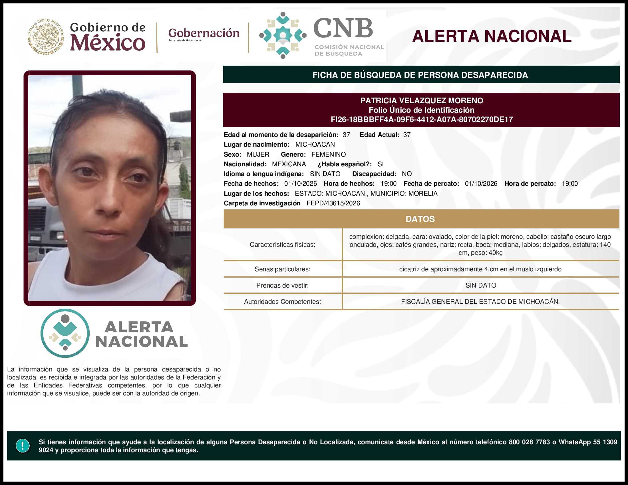 Persona desaparecida Patricia Velazquez Moreno