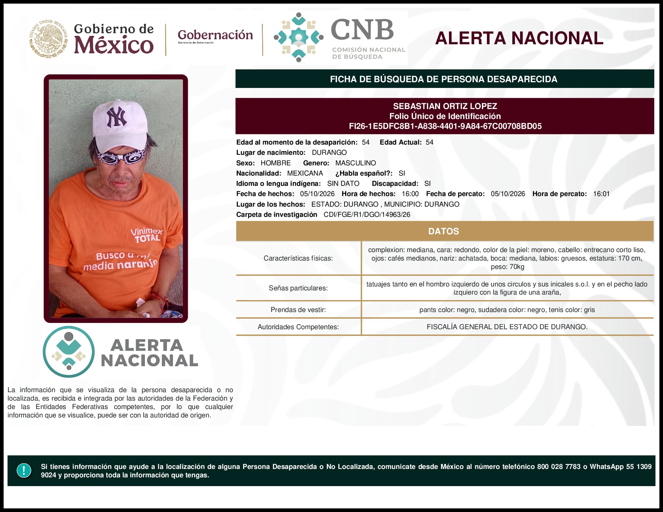 Persona desaparecida Sebastian Ortiz Lopez
