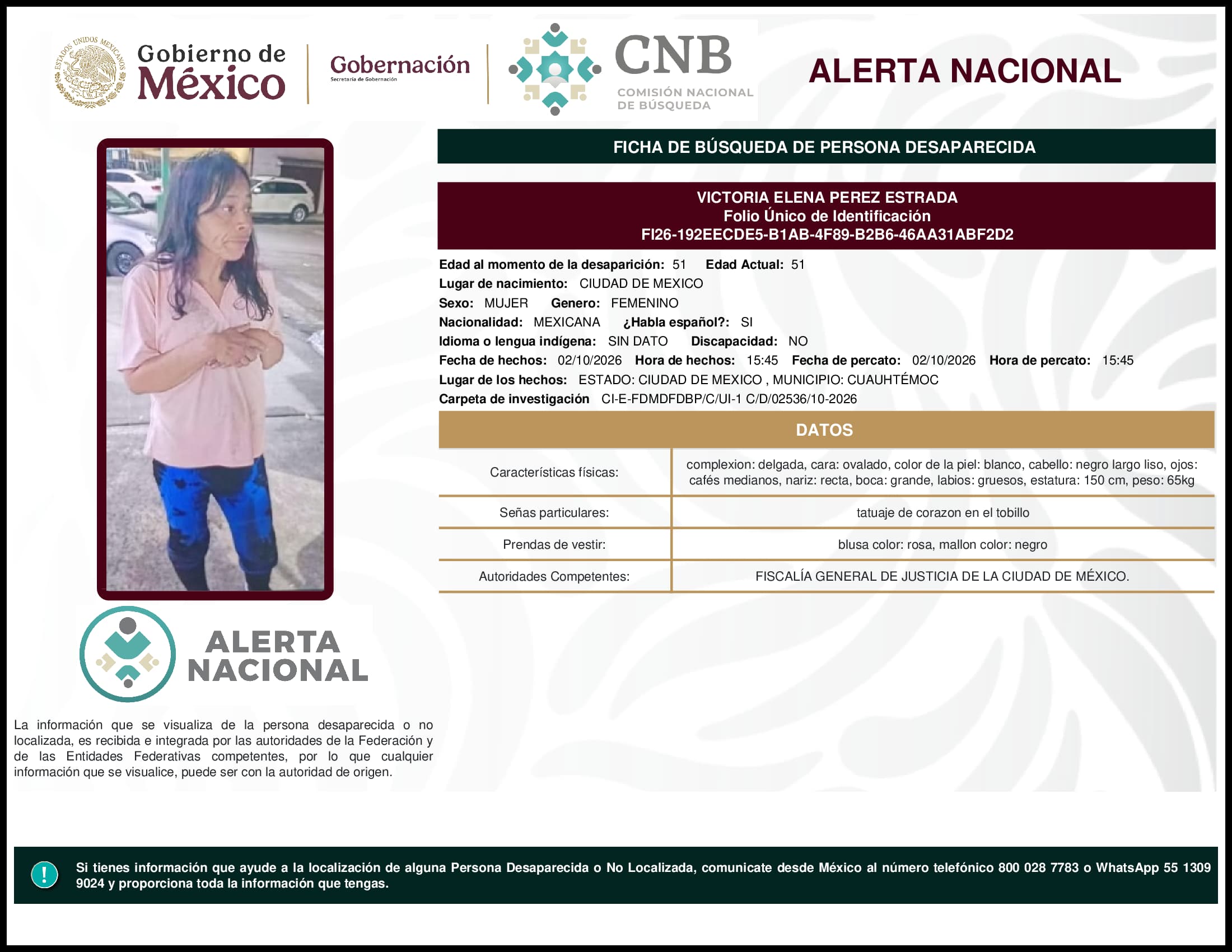 Persona desaparecida Victoria Elena Perez Estrada