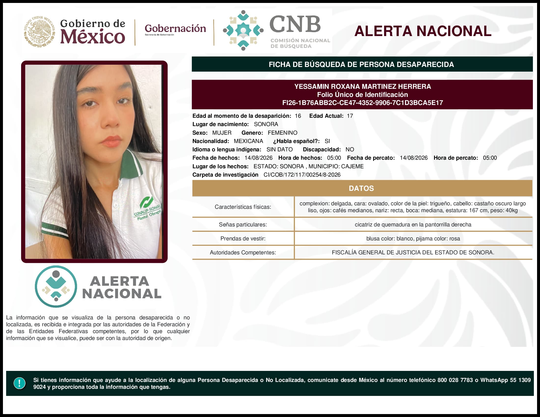 Persona desaparecida Yessamin Roxana Martinez Herrera