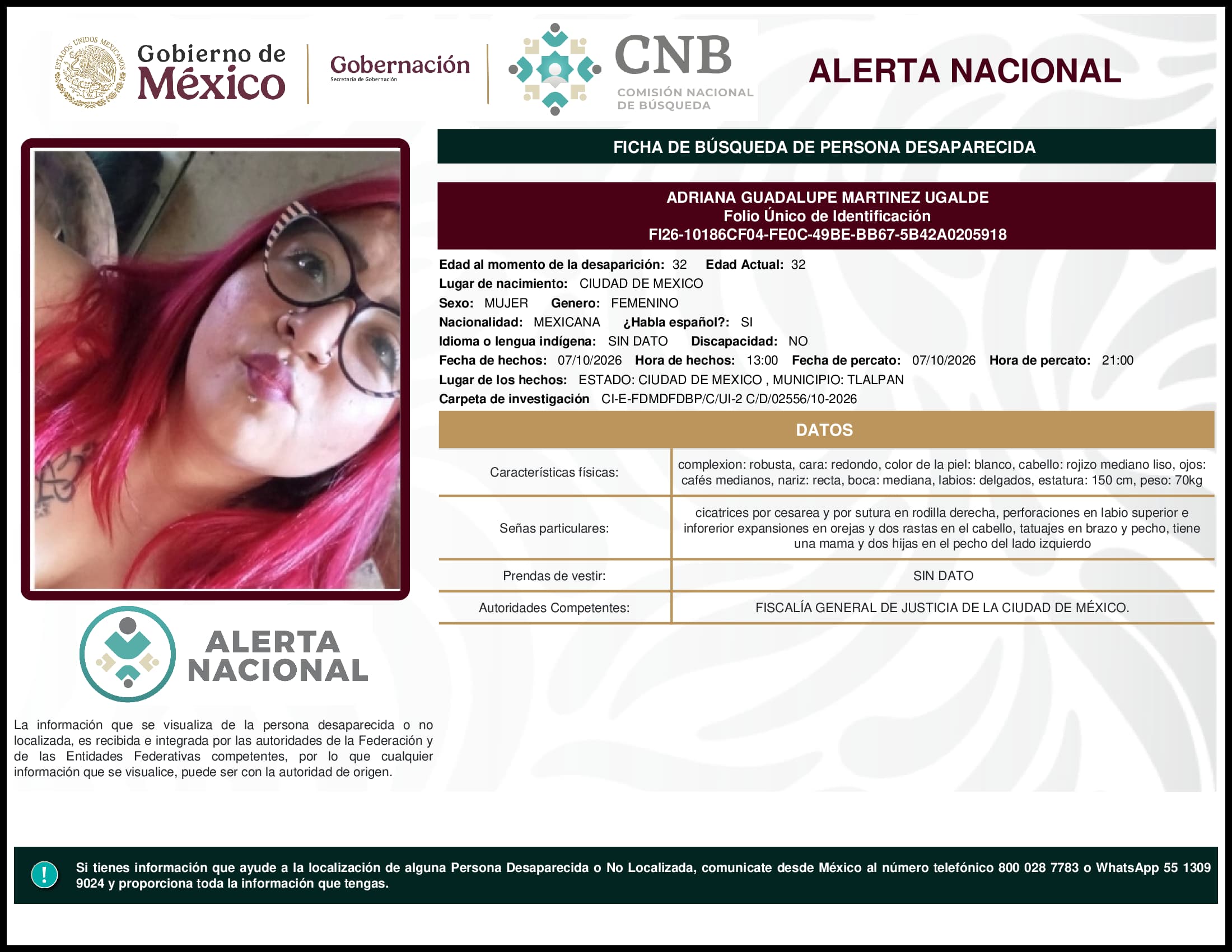 Persona desaparecida Adriana Guadalupe Martinez Ugalde