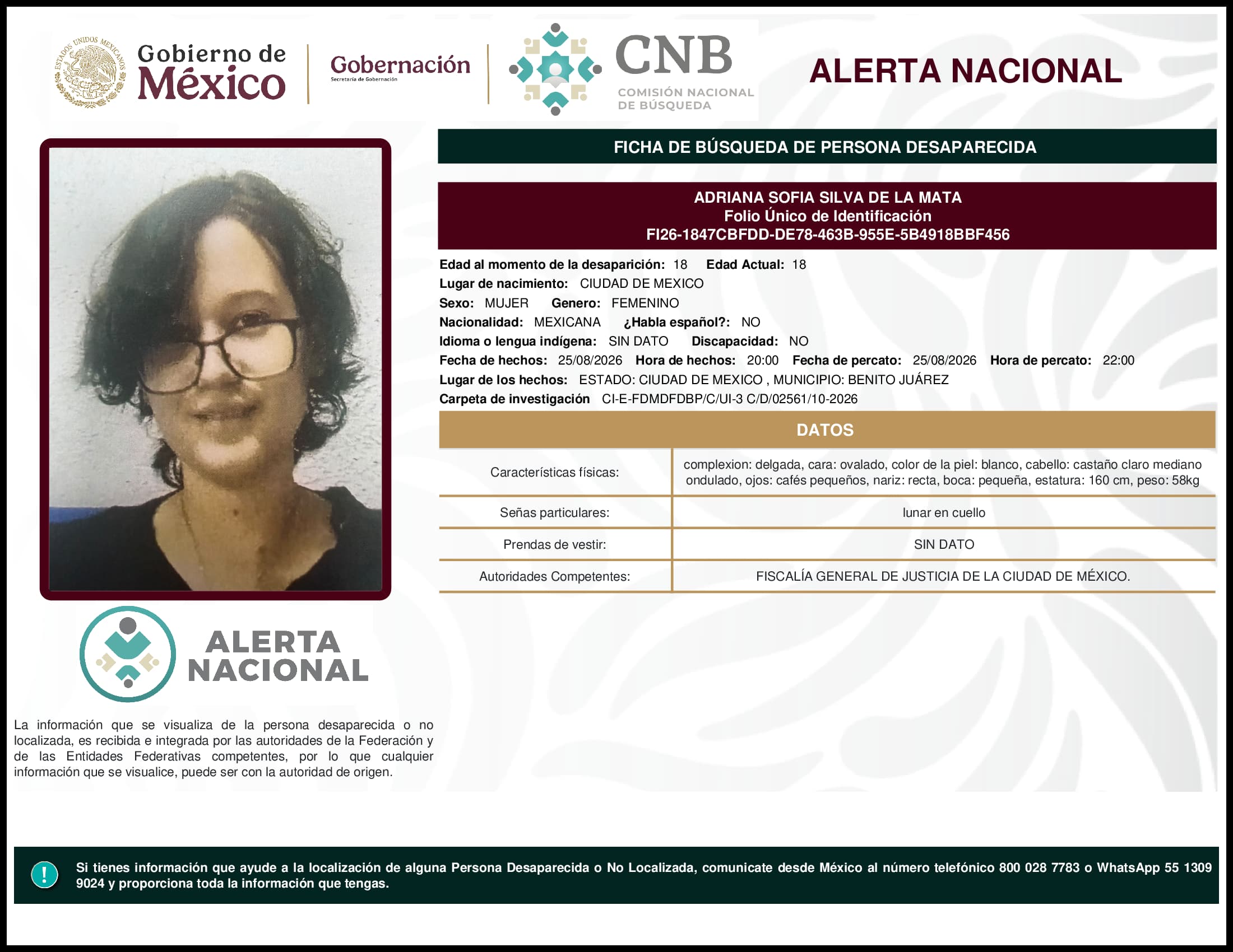 Persona desaparecida Adriana Sofia Silva De La Mata