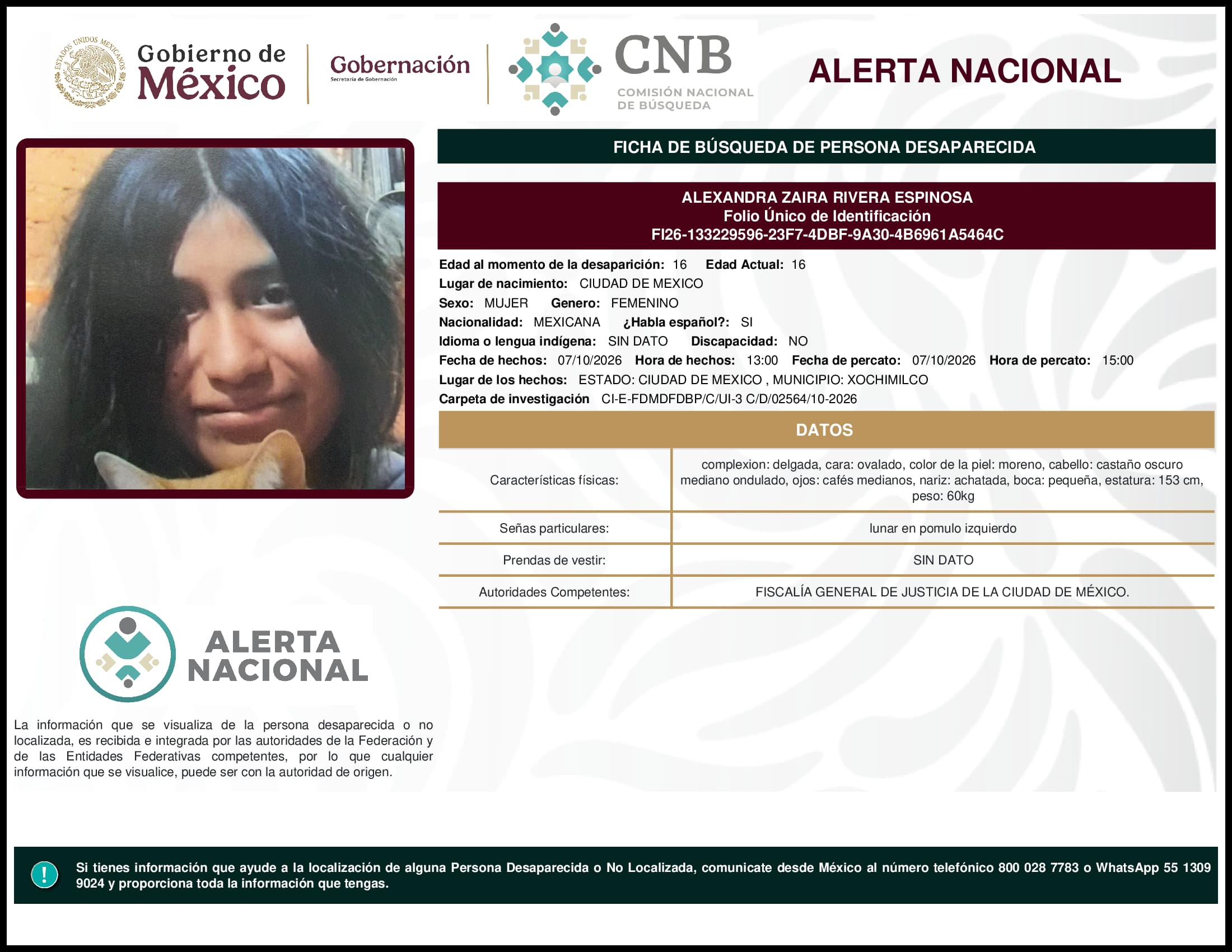Persona desaparecida Alexandra Zaira Rivera Espinosa