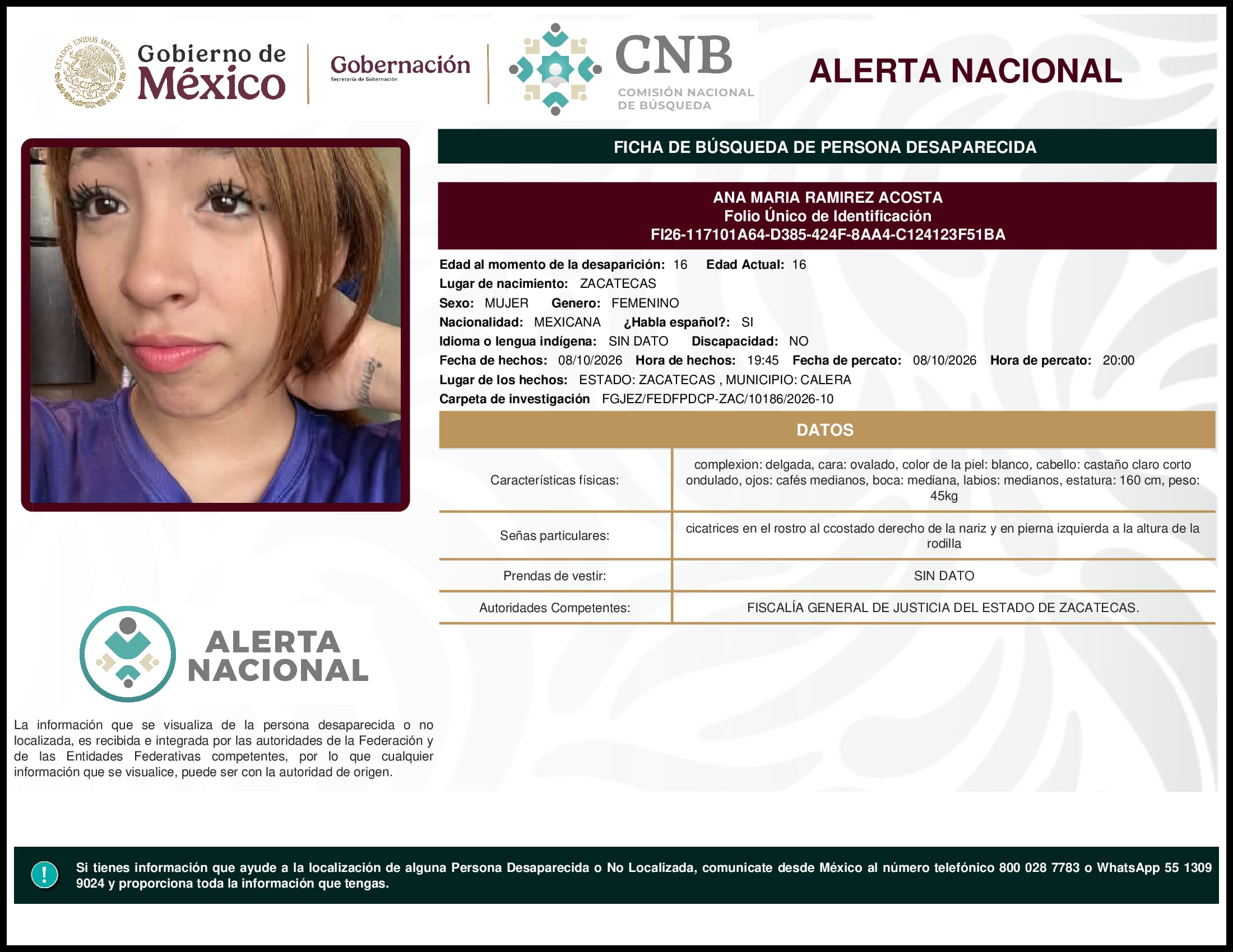 Persona desaparecida Ana Maria Ramirez Acosta