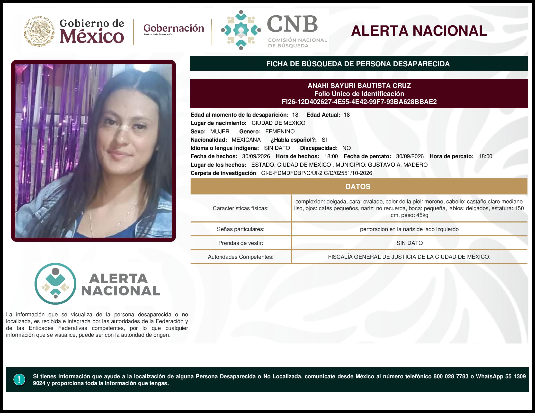 Persona desaparecida Anahi Sayuri Bautista Cruz